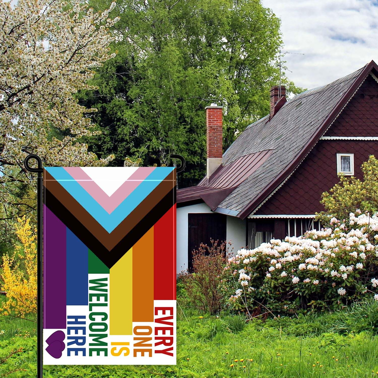 12&times;18 Inch Everyone Is Welcome Progress Rainbow Pride Garden Flag,30&times;45Cm Progressive Here Rainbow Inclusive Garden Decor,Double Side Digital Printed 210D Polyester Decoration for Garden Patio image number 1