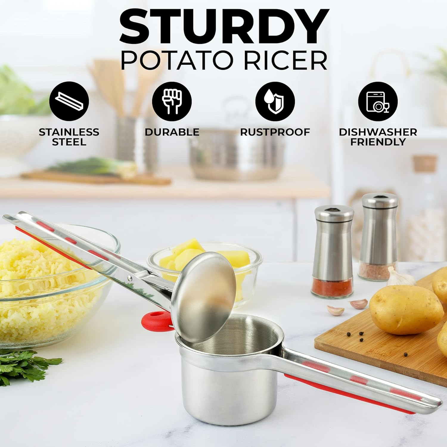 Zulay Kitchen Premium Large 15Oz Potato Ricer, Heavy Duty Professional Stainless Steel Potato Masher and Ricer Kitchen Tool, Press and Mash Kitchen Gadget - Red and Silver Fixed Disc image number 1
