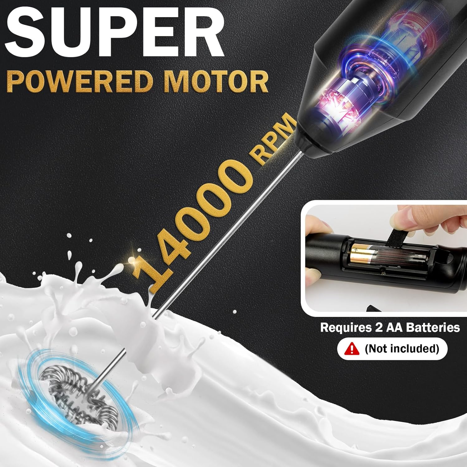 Tonjin Milk Frother Wand for Coffee, New Upgraded Battery Powered (Not Included) Electric Handheld Drink Mixer for Matcha, Latte, Cappuccino, Frappe, Chocolate,304 Stainless Steel Whisk Black image number 2