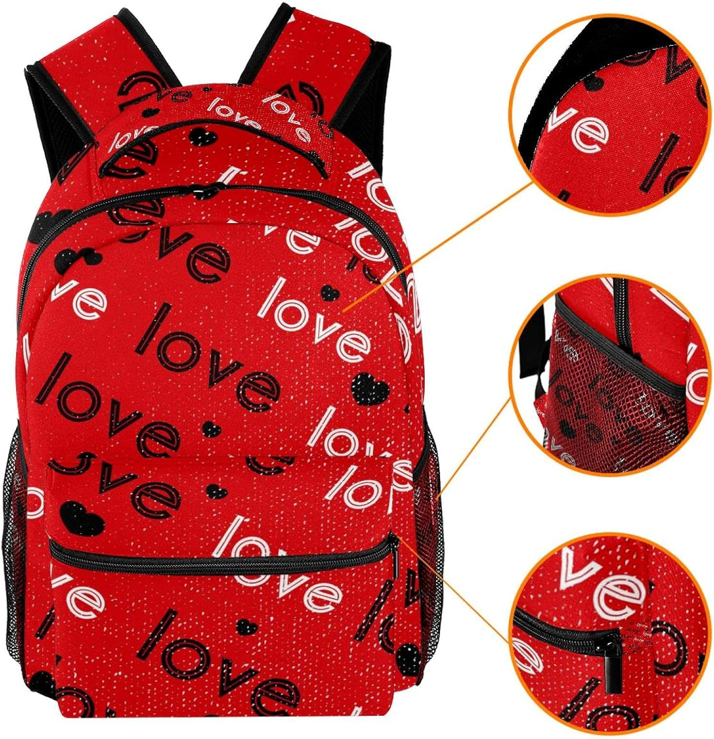 Black White Love Heart Red Background Backpack Students Shoulder Bags Travel Bag College School Tote Backpacks image number 2