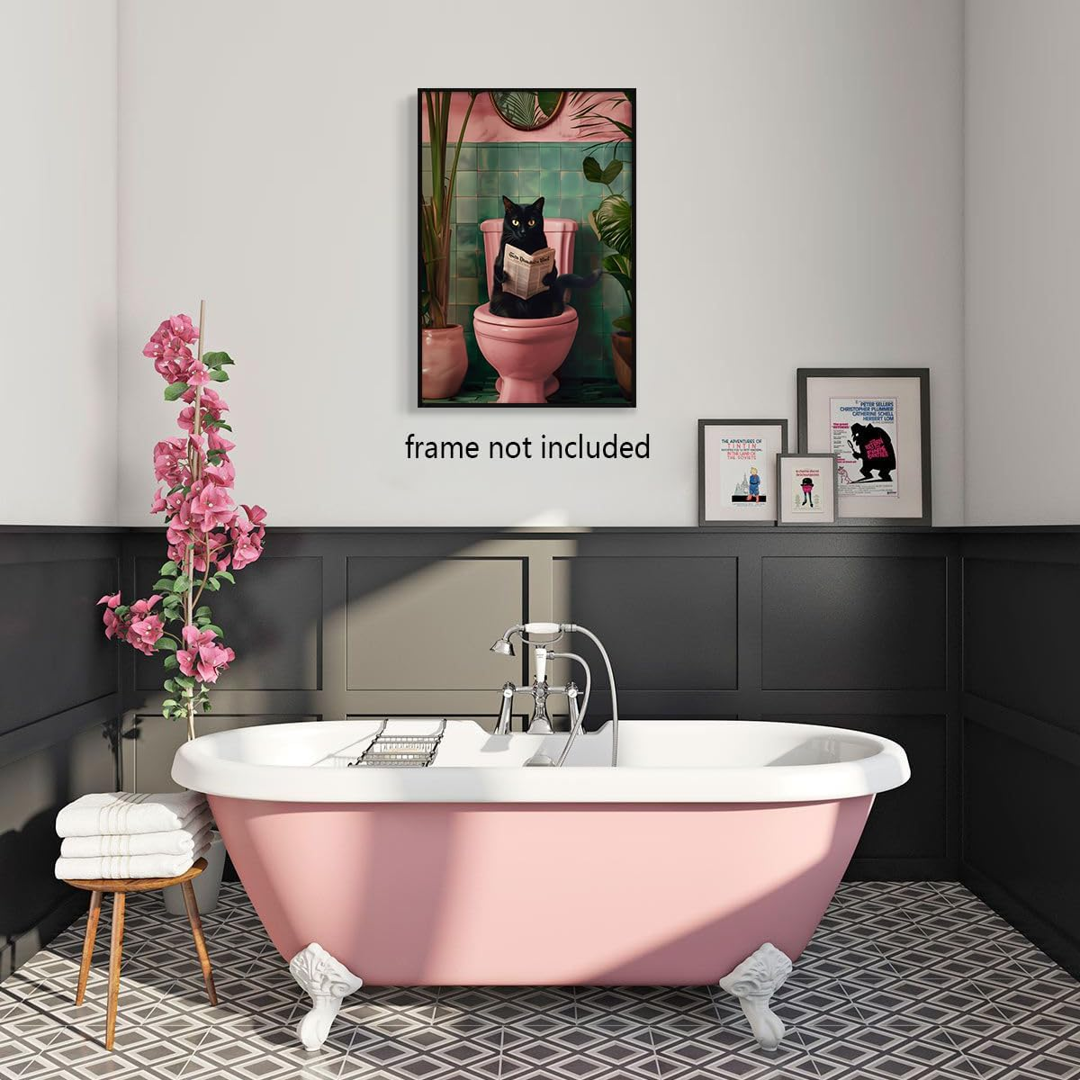 Funky Pink Canvas Wall Art - Black Cat Reading Newspaper on Toilet Poster, Funny Cat Pooping, Green Botanical Plant Animal Bathroom Print, 16X24In Unframed