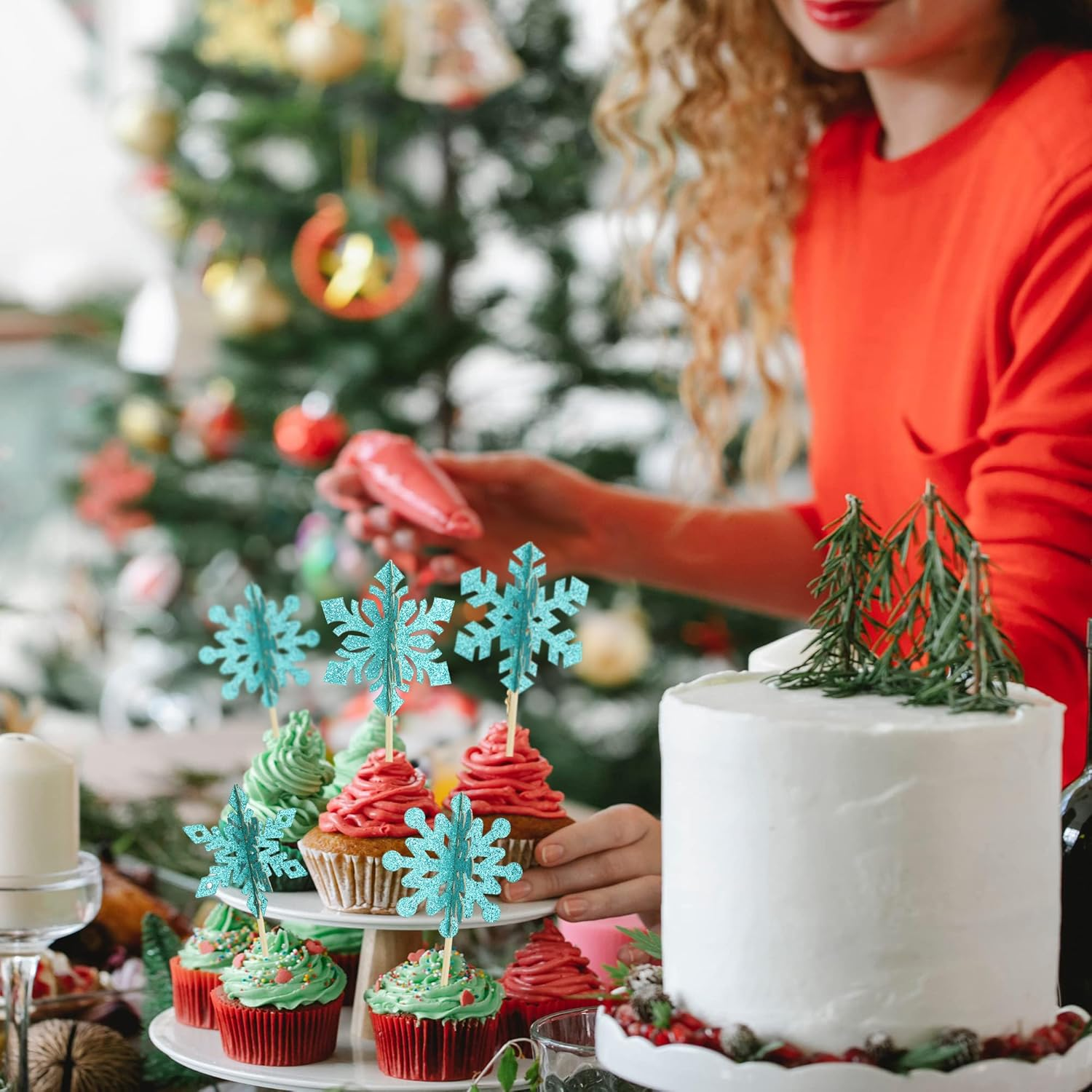 Gyufise 24Pcs 3D Snowflake Cupcake Toppers Double Side Glitter Winter Frozen Cupcake Pick Decorations Winter Theme Party Christmas Baby Shower Birthday Decoration Supplies Blue
