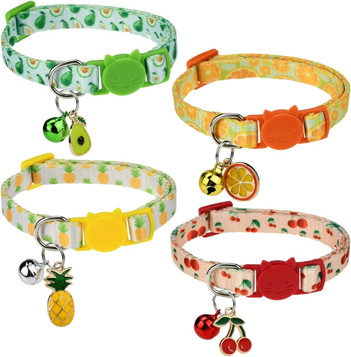 Cooshou 4Pcs Breakaway Cat Collars with Bells Kitten Collar Breakaway Friut Plaid Collar with Pineapple, Cherry, Lemon, Avocado Adjustable Collars for Female Girl Cats Male Boy Cats image number 5