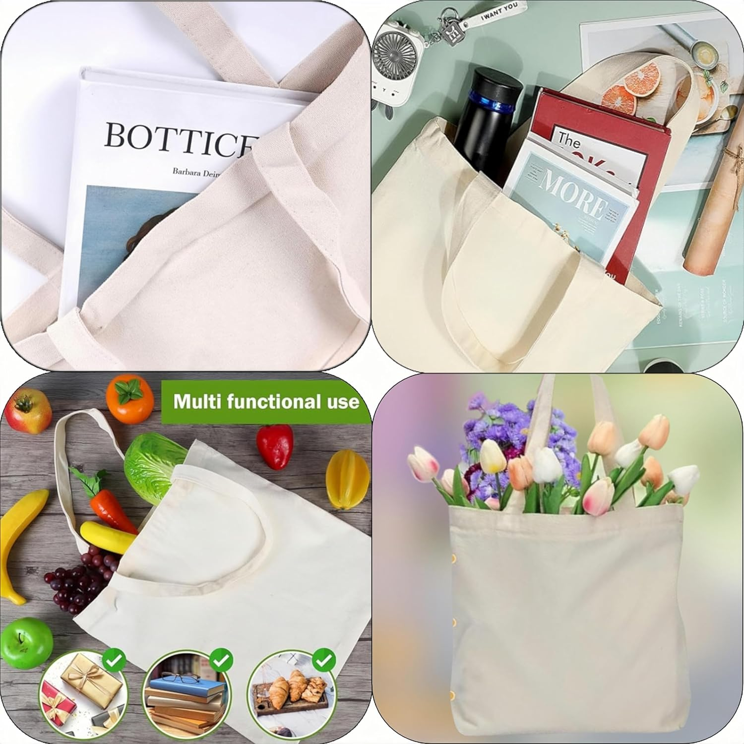 4 Pack Canvas Shopping Bags, Reusable Canvas Tote Bags, Large Shopping Bags, Lightweight and Washable, Multi-Purpose Blank Canvas Bags for Shopping, Grocery, DIY, Gift Bags, Etc.