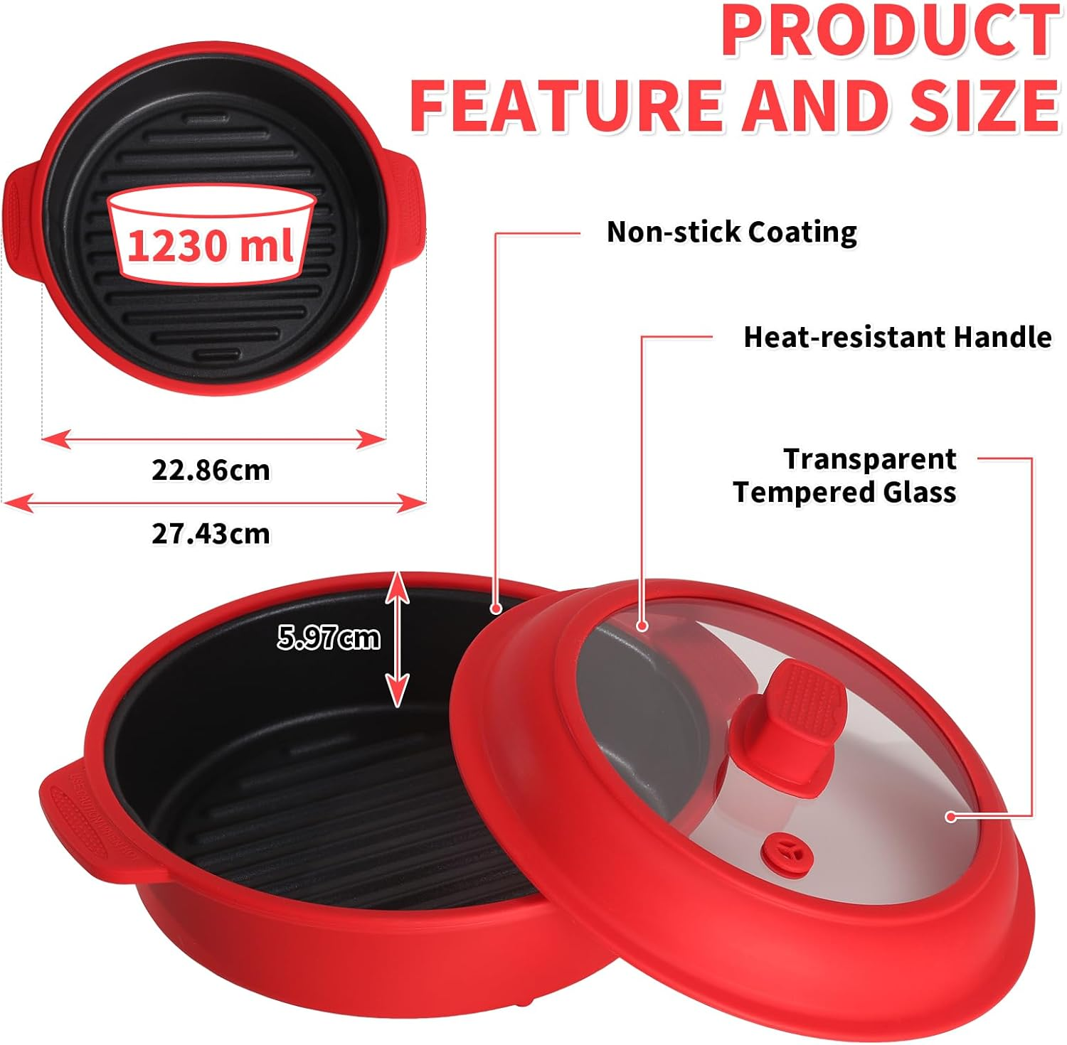 GLOU-GLOU GOOSE GGG Microwave Grill Pan, 8-In-1, Fry Griddle Crisper Pan with Lid, Microwave Silicone Cookware, for Grilling Browning and Crisping Foods, Time-Saving, Easy, Safe, round （Red） - Light Grey image number 5