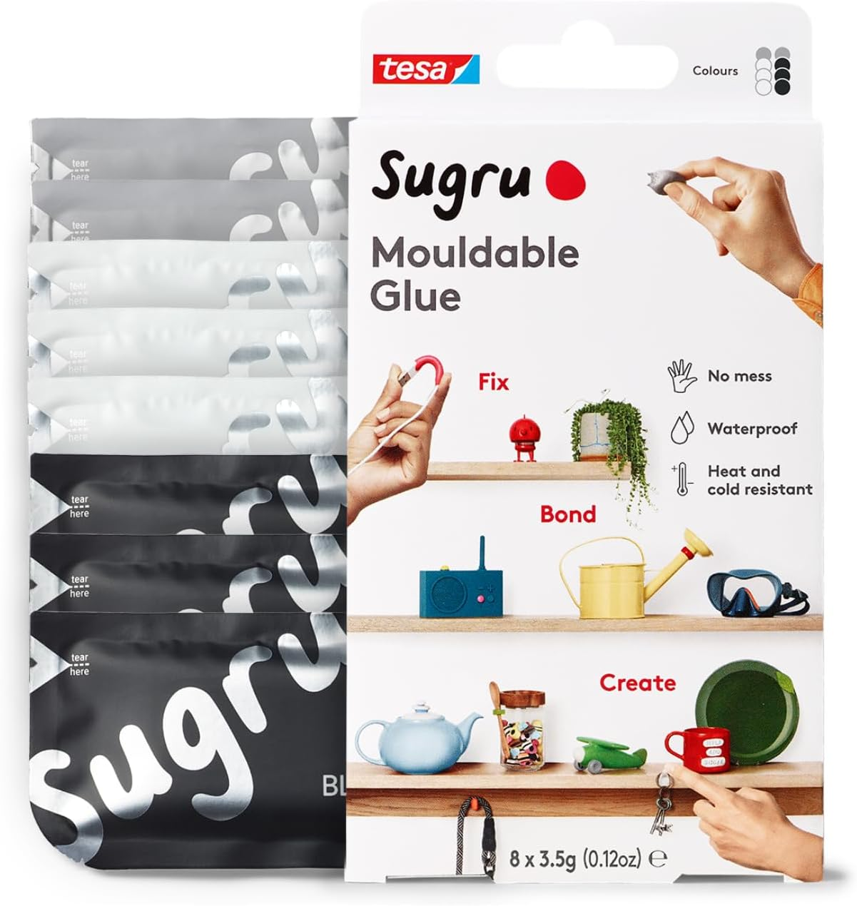 Tesa Sugru Super Glue - Waterproof Wood Glue for Home Improvement & Crafts - Use as a Poster Putty or Silicone Adhesive for Repairing & Bonding - 8 Pack - Black & White (3.5G/Ea)