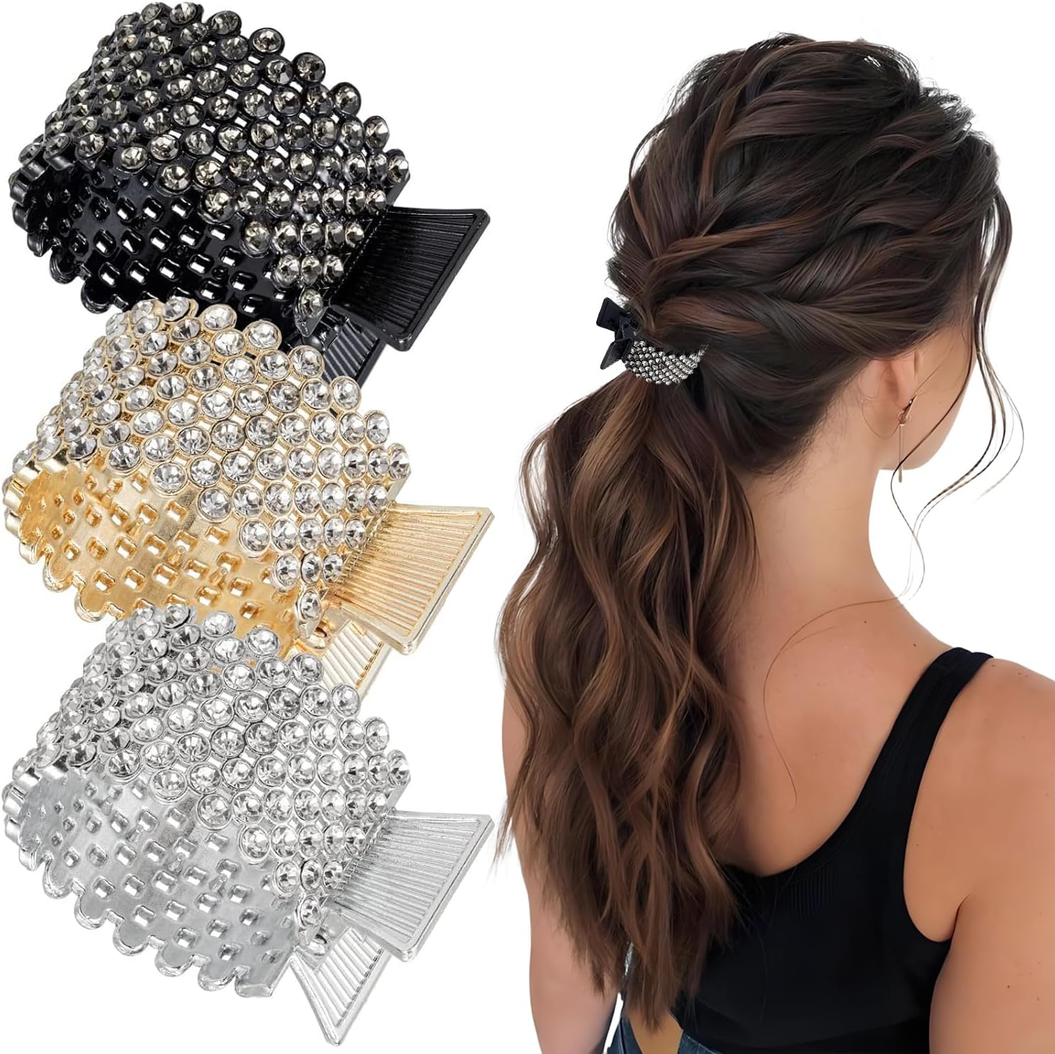 Esshogo Pack of 3 Women'S Hair Clips Metal Rhinestone Hair Clips Holder High Ponytail Non-Slip Fashionable for Thick Thin Hair image number 2