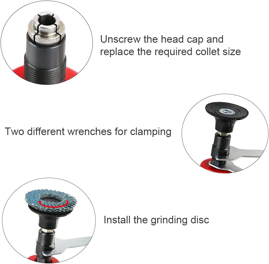 Mini Air Angle Die Grinder Kit, 1/4" Right Angle Air Die Grinder with 3Mm & 6Mm Collets & 20Pcs 2" Quick Change Discs Set, Mini Air Angle Sander Polisher Grinding Tool for Polish Grind Rust Removal image number 3