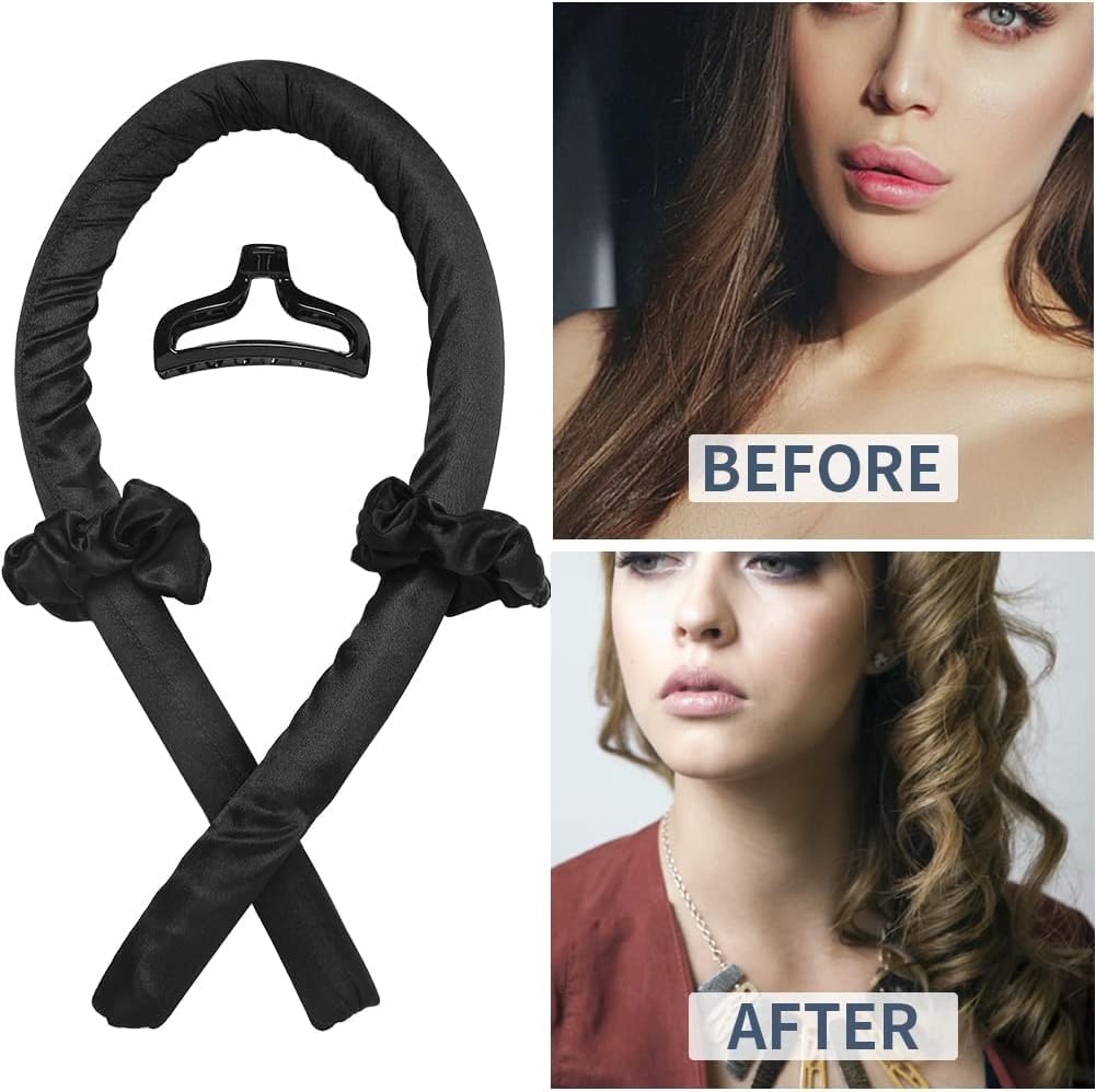 Heatless Curling Rod Headband No Heat Silk Ribbon Curling Rod Hair Roller Curls with Hair Claw Clip Lazy Natural Soft Wave DIY Hair Rollers Styling Tool for Sleep in Overnight (Black, One Size) image number 1
