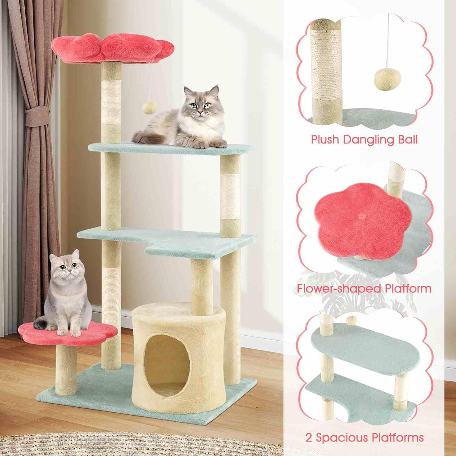 Costway 123 Cm Tall Cat Tree, Multi-Level Aesthetic Floral Kitten Tower W/Flower-Shaped Plush Padded Perch, Condo, Sisal Scratching Posts, Dangling Ball, Indoor Cat Climbing Furniture (123 Cm) image number 4