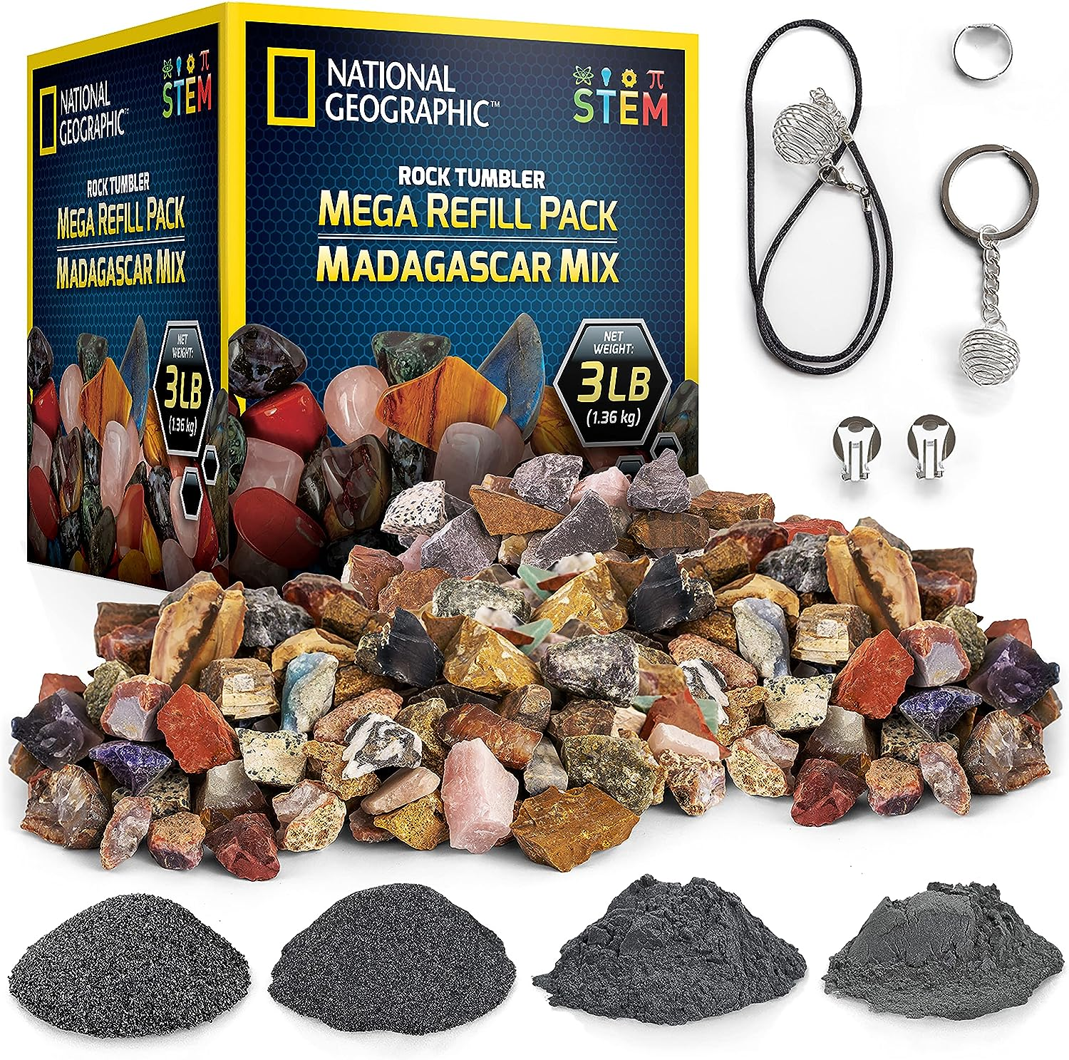 National Geographic Rock Tumbler Refill &ndash; Mega Madagascar Gemstone Pack, 3 Lb of Gemstones Including Rose Quartz, Jasper, Labradorite, & More, Tumbler Grit & Jewelry Settings image number 2