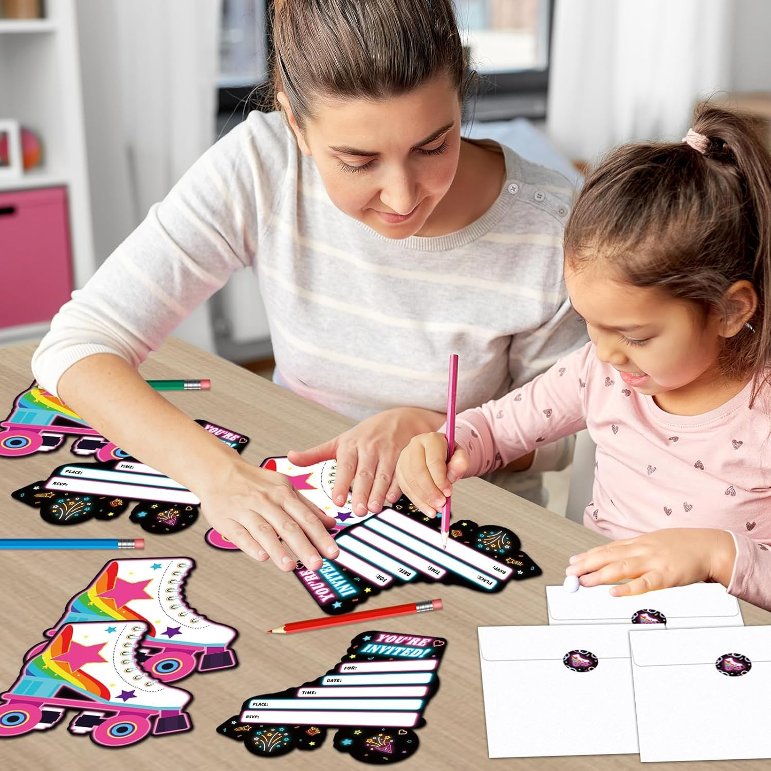 Lonfliness 30Pcs Neon Roller Skating Birthday Party Invitations Skate Invitation for Boys Girls Kids Glow Skating Birthday Party Invite Supplies Skate Party Favors 30 Cards with Envelopes and Stickers image number 5