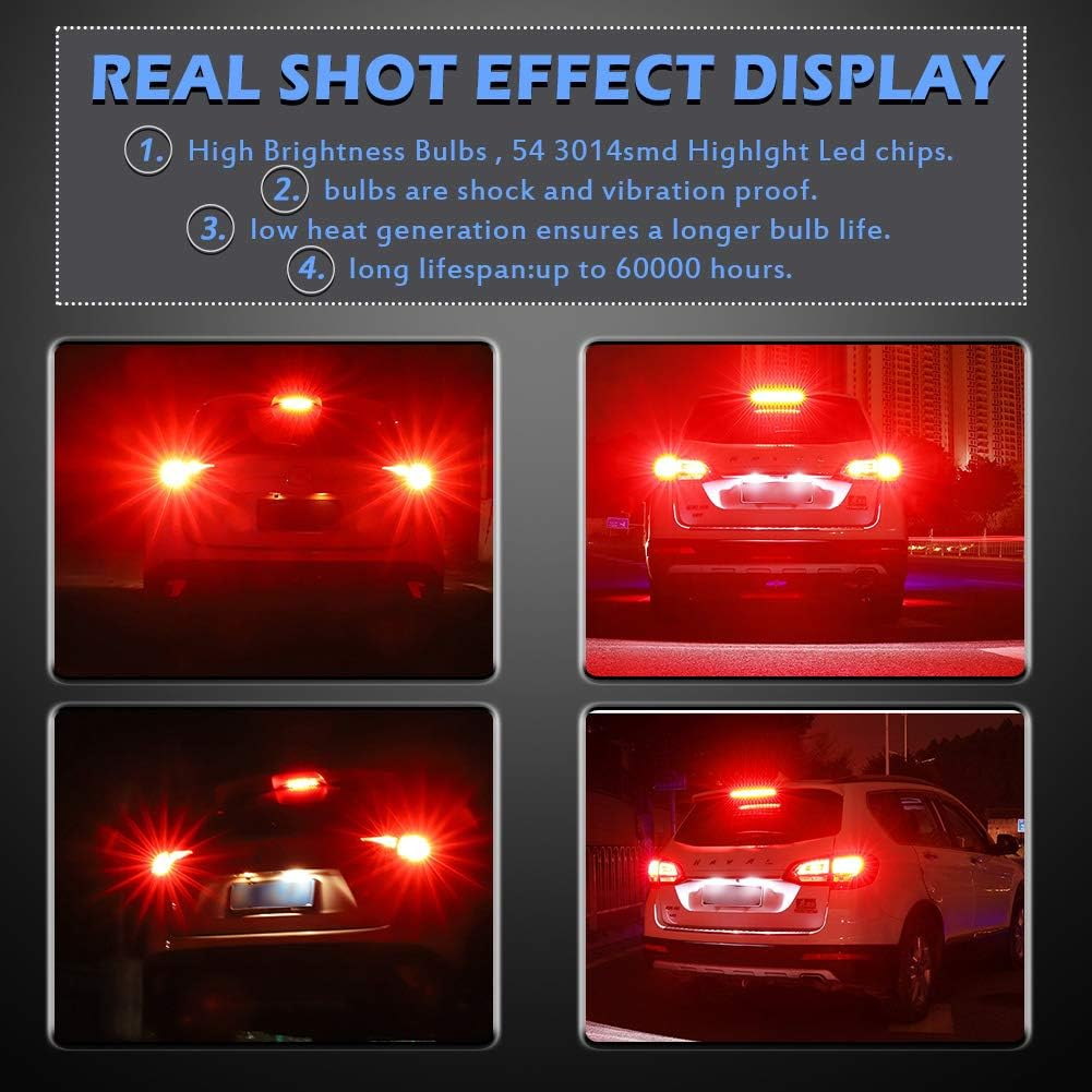 KATUR 7440 7443 7444NA 7441 992 Led Light Bulb High Power 3014 54 Chipsets Super Bright 650 Lumens Replace for Turn Signal Back up Reverse Brake Tail Stop Parking RV Lights,Brilliant Red(Pack of 2) image number 4