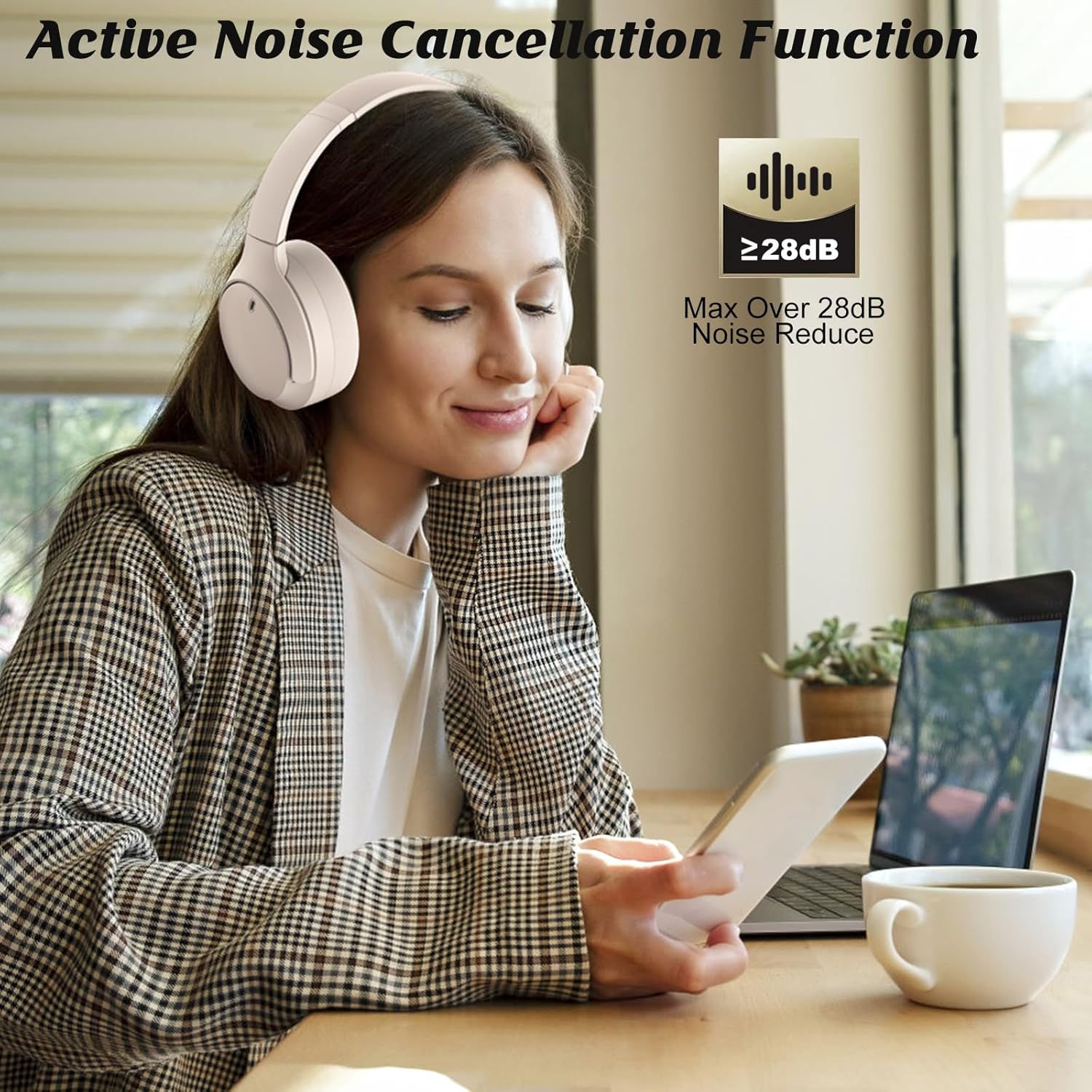 Active Noise Cancelling Headphones, Bluetooth 5.3 Version, Wireless Headsets, 55H Playtime, ANC Mode over 28Db Noise Reduce, CVC 8.0 Mic, Hi-Fi Audio Sound, USB-C Charge, Protein Skin over Ear Cups.