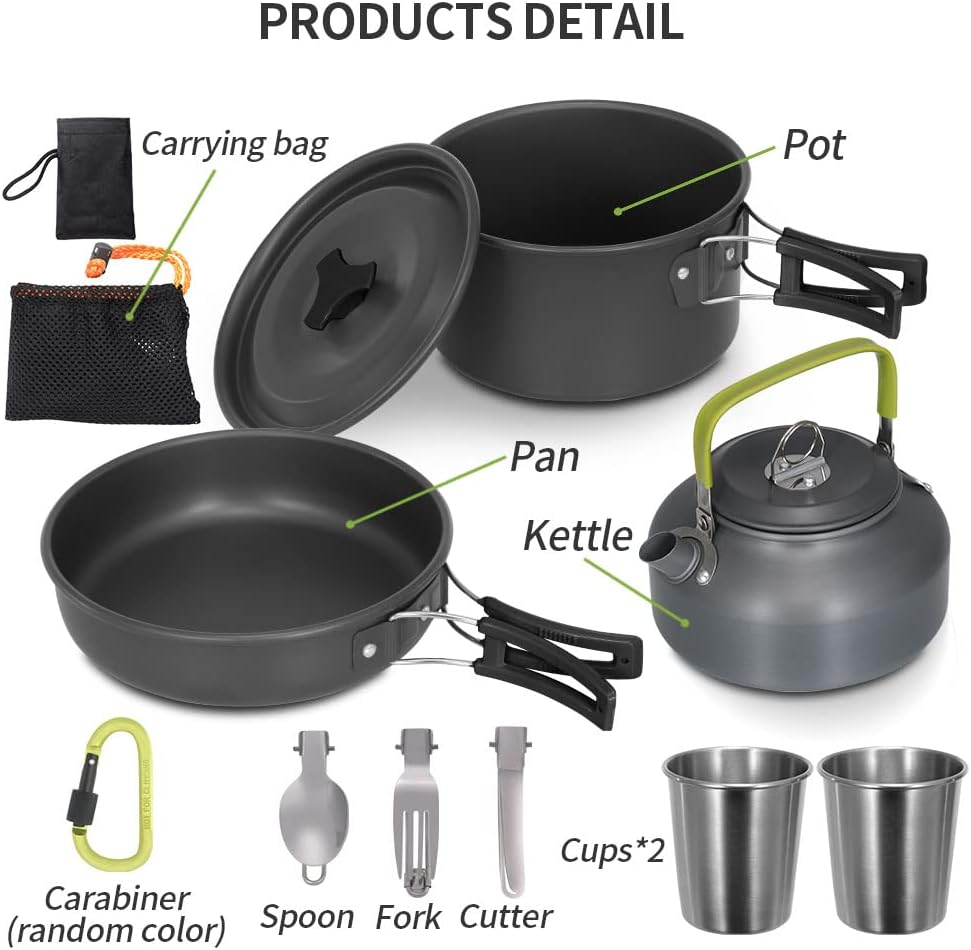 Aomiun Camping Cookware Kit, Non-Stick Pot Pan Kettle Set with Stainless Steel Cups Forks Knives Spoons for Picnic Hiking 1-2 People image number 4
