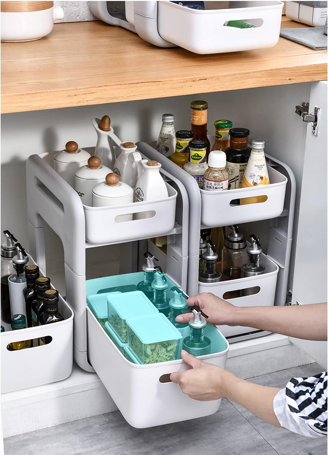 2 Tier Organizer Basket Under-Sink Storage Pull-Out Sliding Drawer Rolling Cart Trolley with Lockable Wheel for Kitchen Bathroom Bedroom Office Pantry (Big Size)