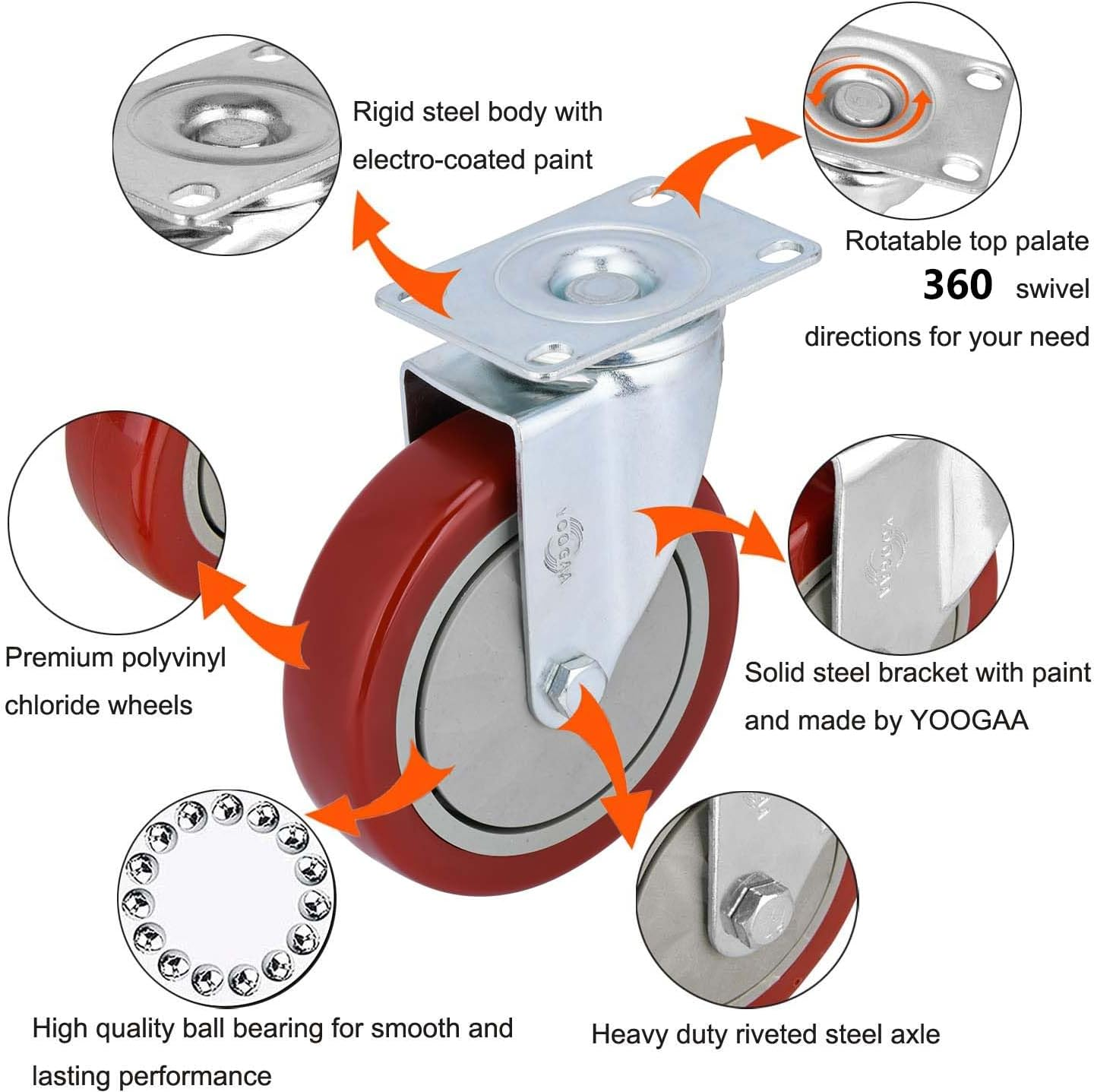YOOGAA 5" Heavy Duty Caster Swivel Caster Wheels No Noise 360 Degree Rotation Plate Caster with Screw Total Capacity 1500Lbs Set of 4 without Brake image number 2