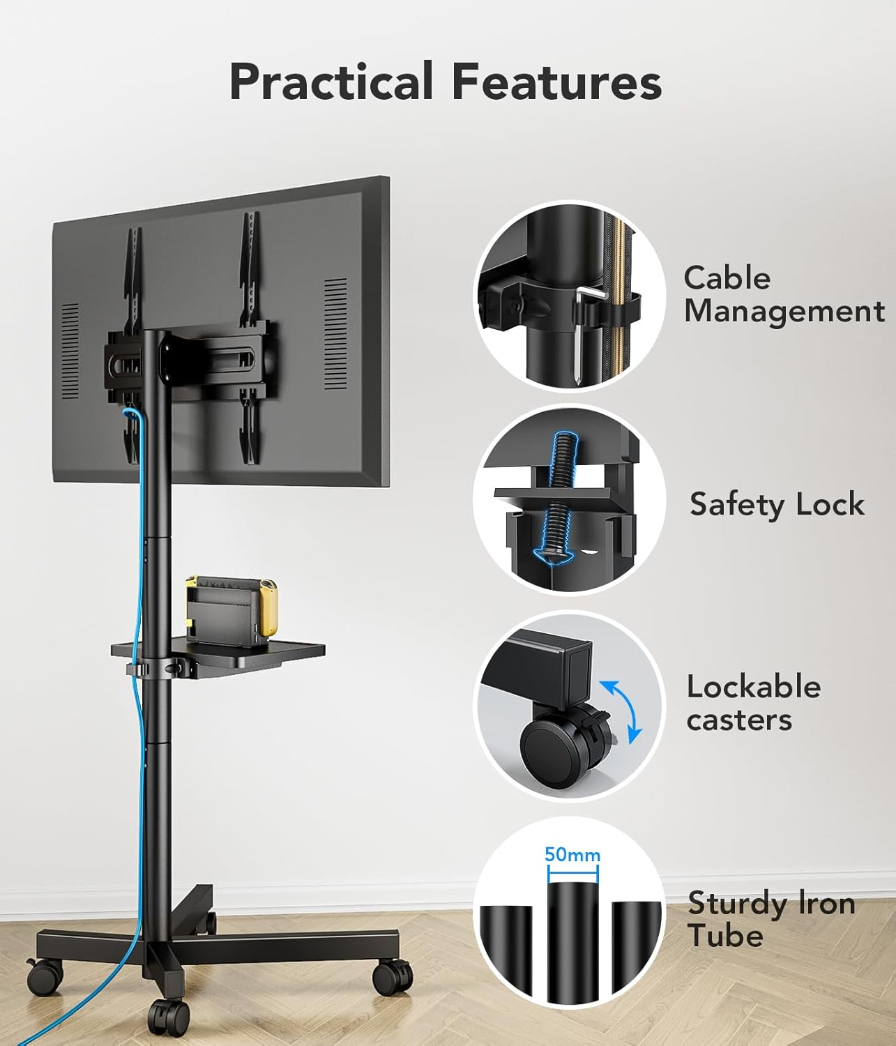 AX WABER Mobile TV Stand for 23-60 Inch LCD LED Flat/Curved Panel Screen Tvs, Rolling TV Cart Holds up to 88Lbs Portable Stand with Laptop Shelf Rolling Floor Max VESA 400X400Mm