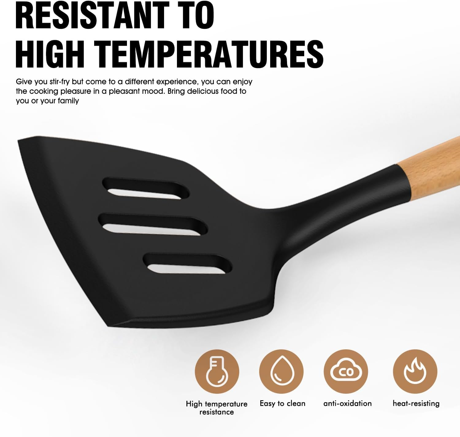 Silicone Cooking Utensils Set - 446&deg;F Heat Resistant Silicone Kitchen Utensils for Cooking, Kitchen Utensil Spatula Set W Wooden Handles and Holder, BPA Free Gadgets for Non-Stick Cookware (Black) image number 2