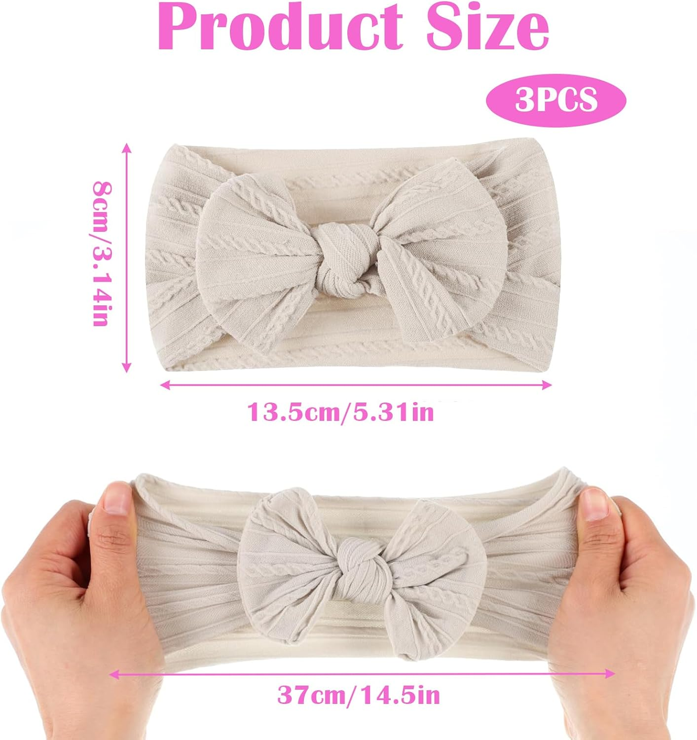 Pack of 3 Baby Girls' Headbands, Elastic Baby Headband, Nylon Soft Hairband, Girls Headband for Newborns, Toddlers (Pink and White and Beige) image number 6