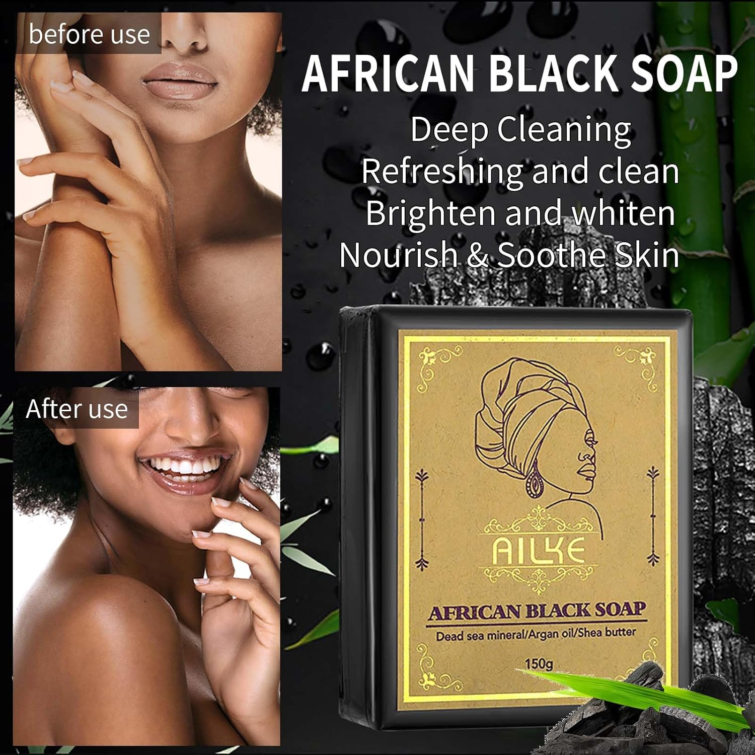 AILKE African Black Soap, Whitening, Intensely Clean Skin, Remove Pimples, Acne, Blackheads, Non-Drying, with Charcoal, Shea Butter, Argan Oil, for Men, Women, 150G (Pack of 3) - Pack Of 5 image number 3