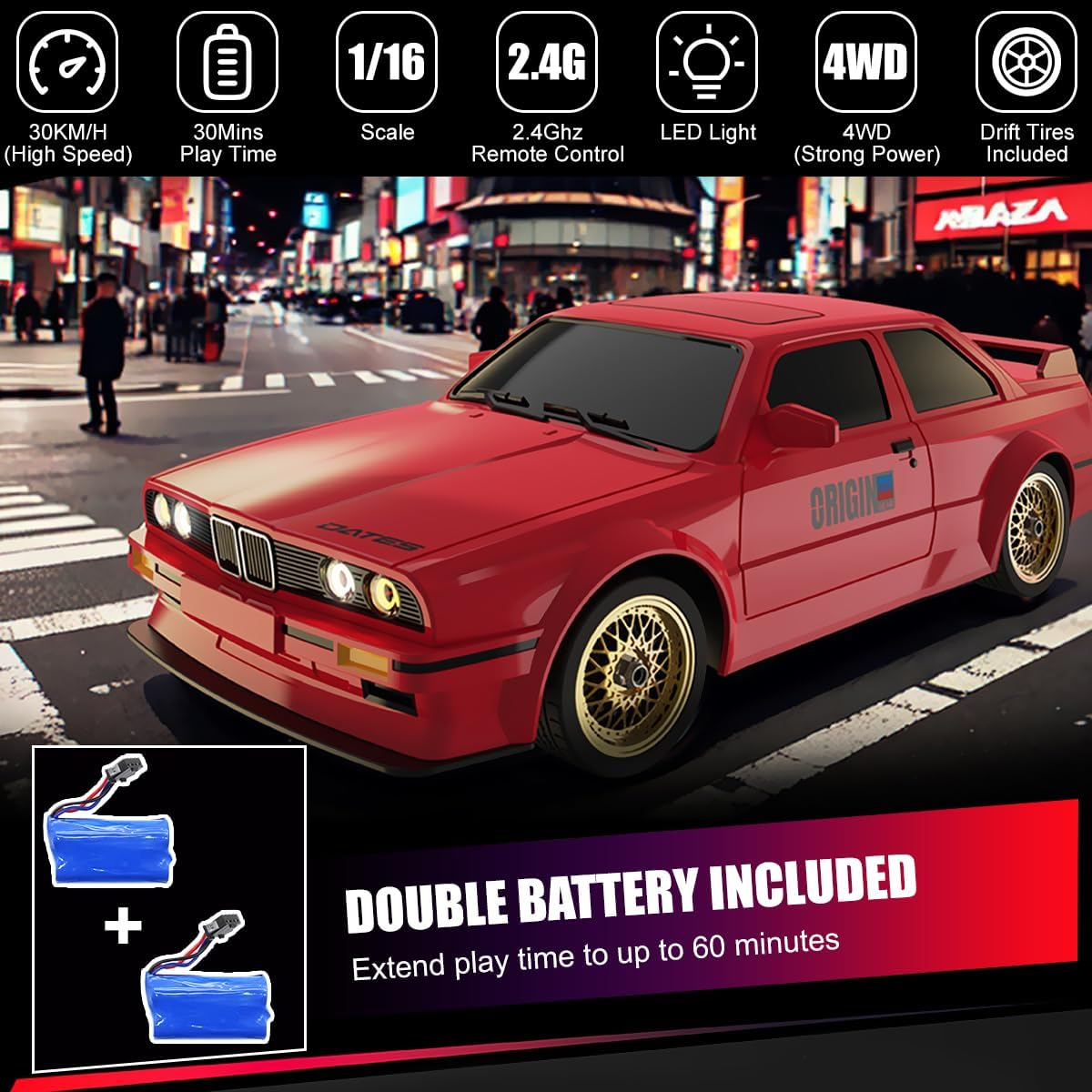 RC Drift Car for Kids Adults 1:16 Scale 2.4Ghz 4WD High Speed RTR Racing Car 30KM/H with Led Lights Remote Control Vehicle Sport Toy Gifts for Girls Boys, Two Batteries and Drift Tire Included image number 1