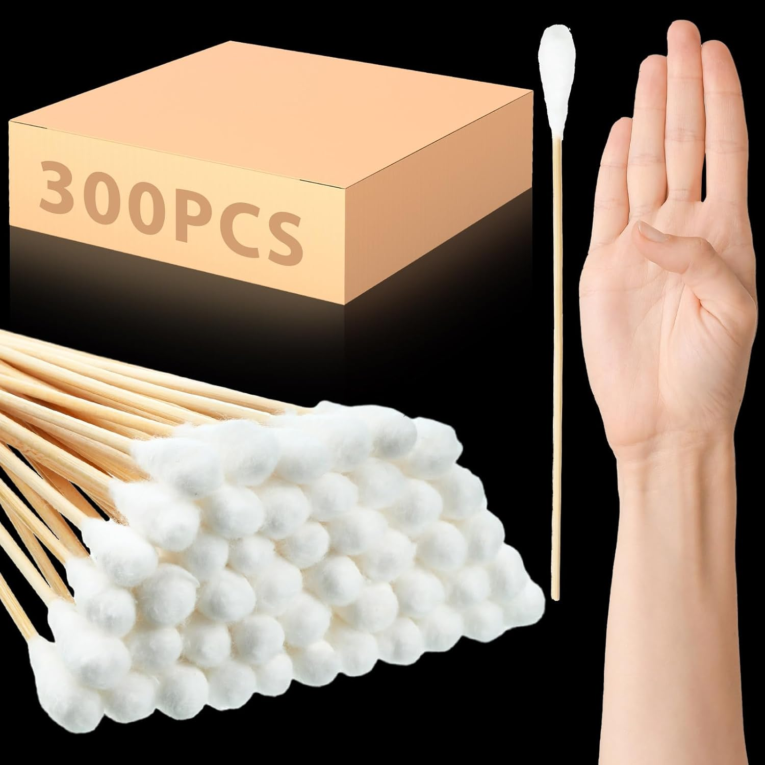 Zhehao 300 Pcs 8 Inch Large Cotton Swabs with Bamboo Handle Oversized Extra Long Cotton Tipped Applicators with Large 1/2" Diameter Ear Swabs for Wound Cleaning, Makeup image number 4