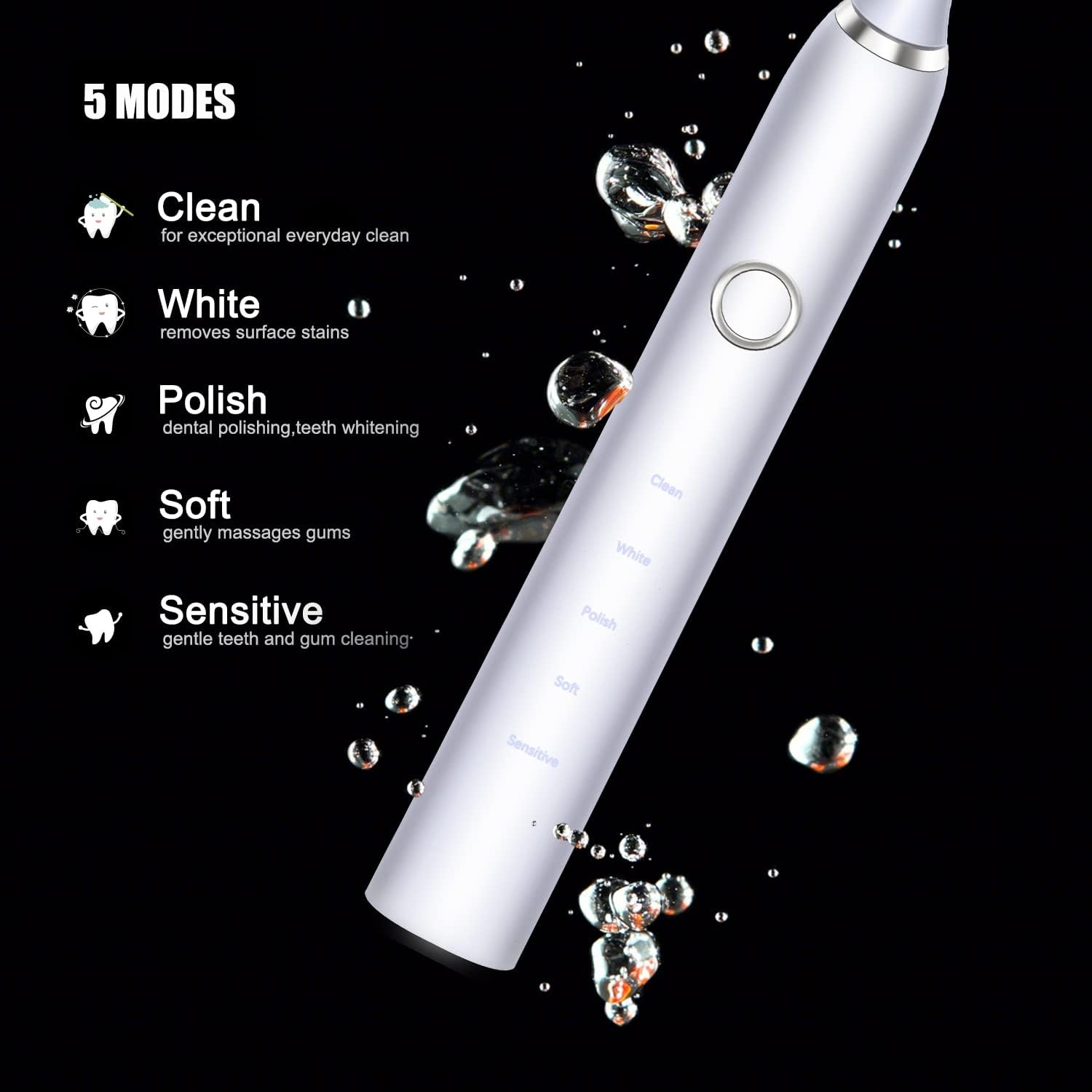 Sonic Electric Toothbrush with 5 Modes, 2Pcs Replacement Brush Heads USB Rechargeable Smart Electronic Toothbrush with Holder for Adults IPX7 Waterproof Smart Timing Fast Charging (White) - Black image number 3