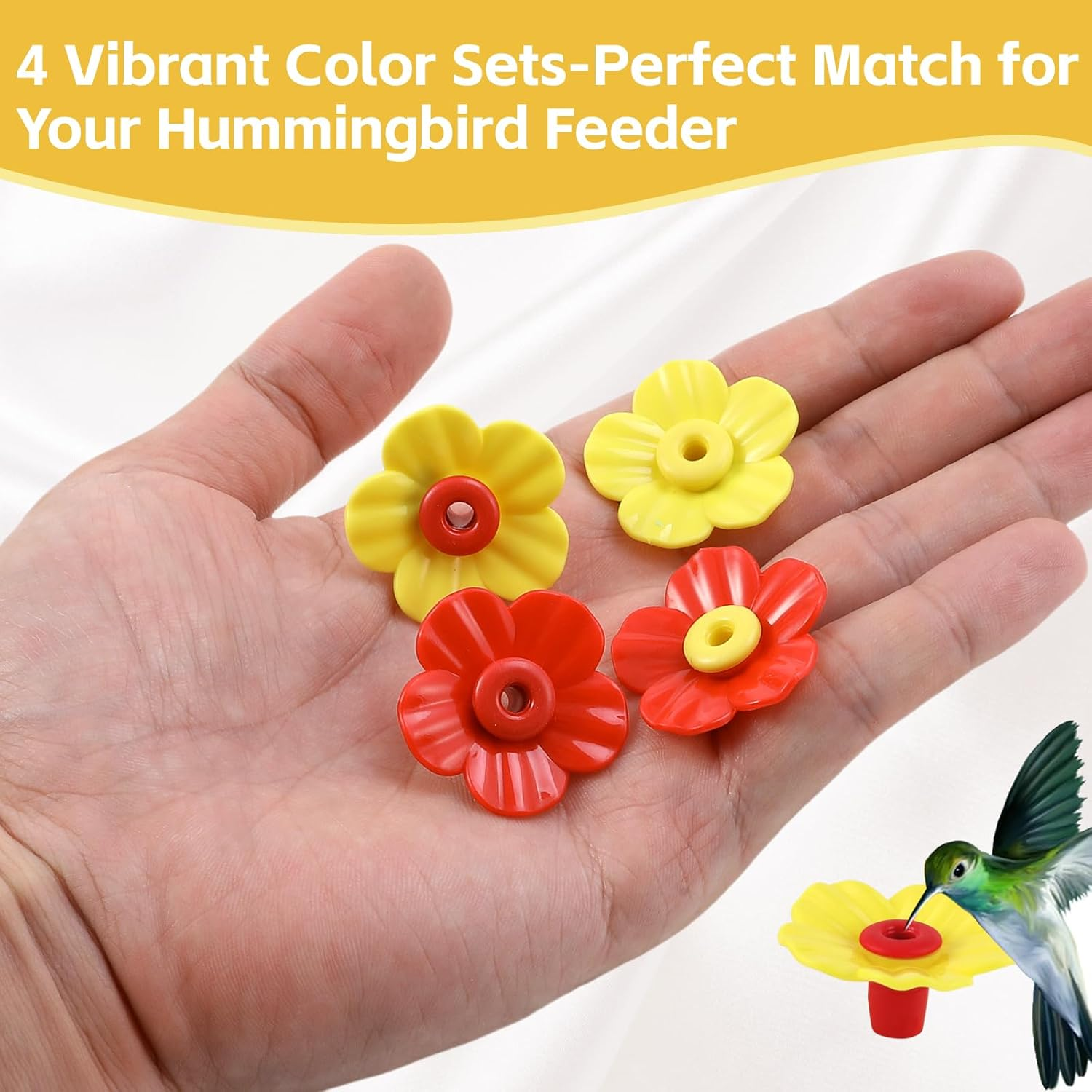 24 Pieces Hummingbird Feeders Replacement Flowers Pet Bird Feeder Replacement Feeding Ports with 2 Cleaning Brushes for Outdoor Hanging Feeders(Red+Yellow)