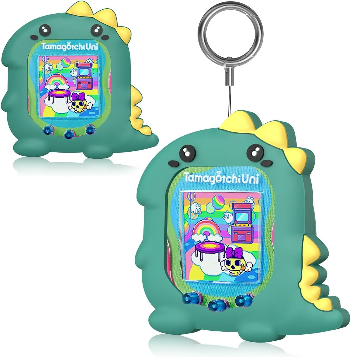 BEARDDO Silicone Case Compatible with Tamagotchi Uni Case, Cute Cartoon Green Dinosaur Virtual Pet Game Machine Protector Cover for Tamagotchi Uni Accessories with Ring Lanyard (Green Dino)