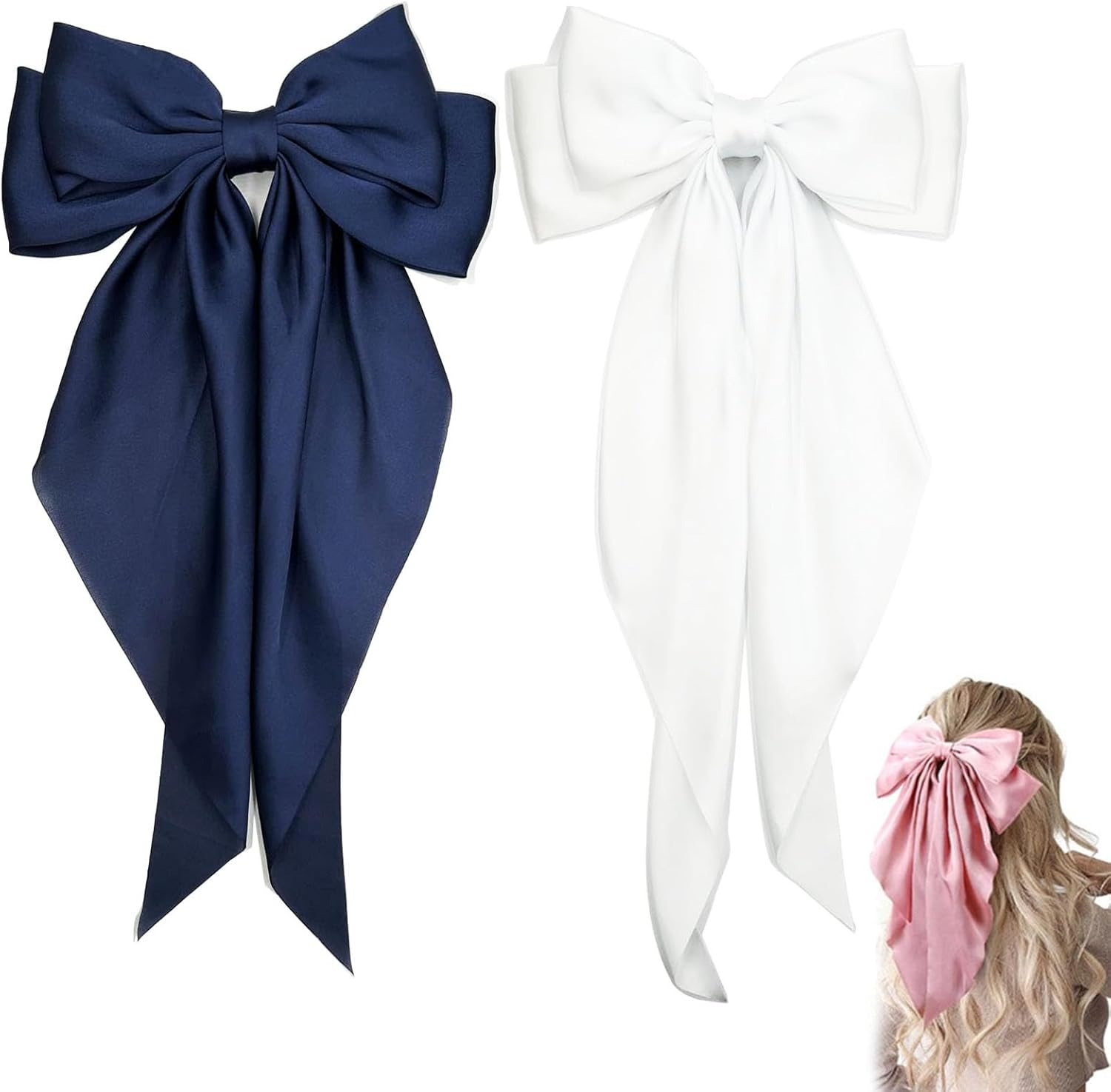 Bow Hair Clips Solid Color Bow French Automatic Hair Clip with Long Silky Satin Tail Large Bows for Simple Women Girls Barrettes Hair Fastener Accessorie (White-Dark Blue, 2) - Dark Green-Dark Blue image number 5