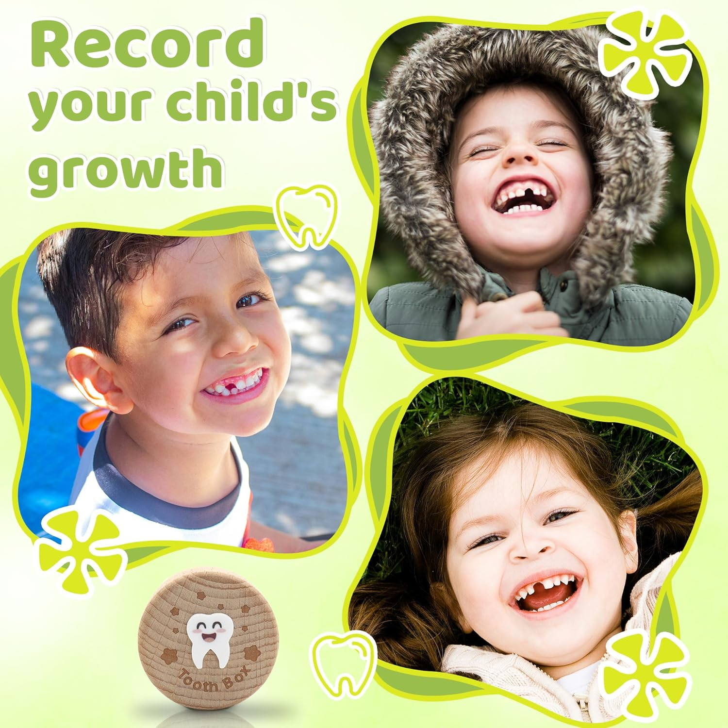 Wooden Tooth Fairy Box, Cute Tooth Fairy Tooth Holder, Tooth Fairy Kit with Tooth Fairy Coin and Transparent Storage Box, 3D Carved First Tooth Keepsake Box for Lost Teeth (Smiley) - Smiley image number 3