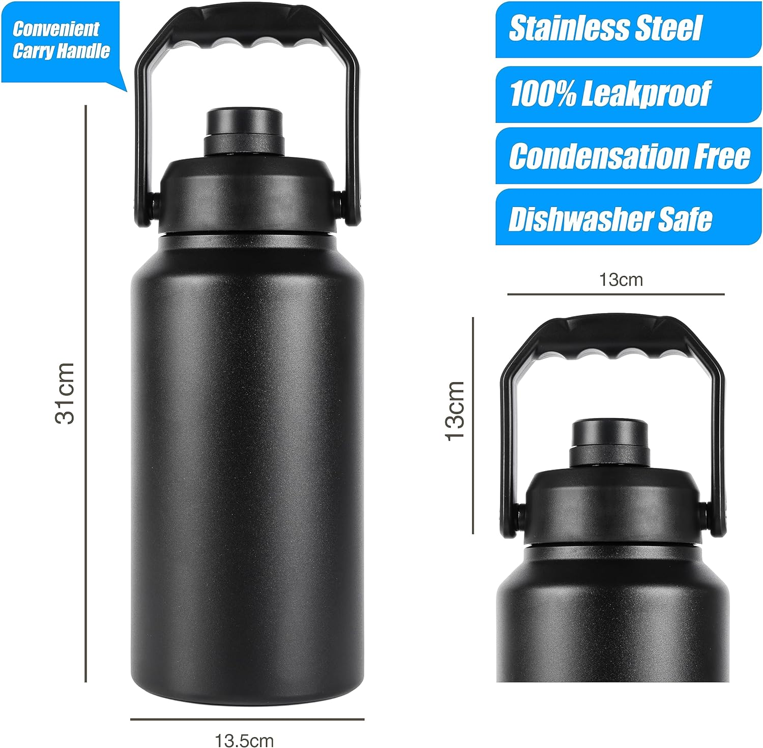 3L Insulated Water Bottle, Large 3 Litre Stainless Steel Water Bottle, Drink Bottle -Black- Double Wall Vacuum Insulated Bottles with Carry Handle - Keeps Drinks Hot or Cold for 12Hrs - for Gym, Camp