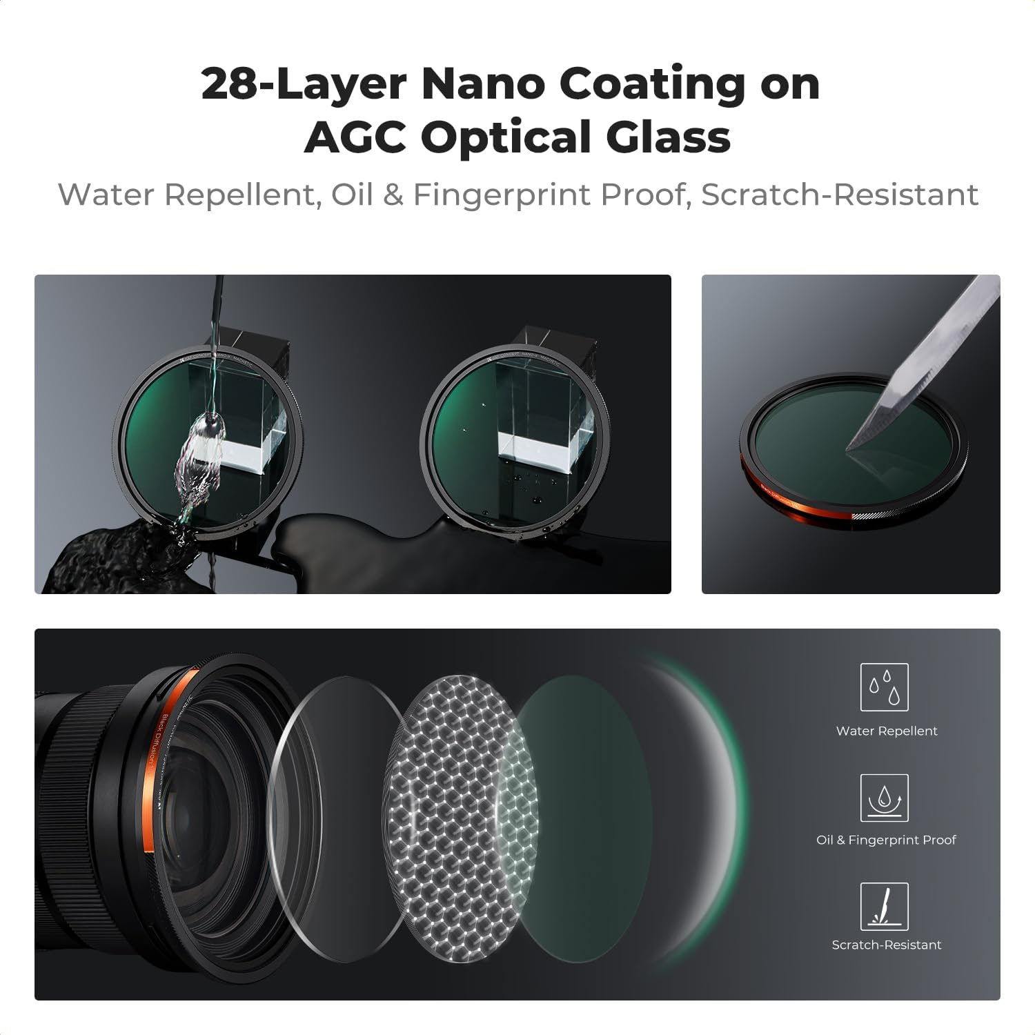 K&F CONCEPT 67Mm Magnetic Lens Filter Kit, True Color CPL + Variable ND2-32 + Diffusion Filter + Lens Cap + Adapter Ring, Multi-Layer Coating HD Optical Glass &Waterproof Pouch (Nano-X Series) image number 6