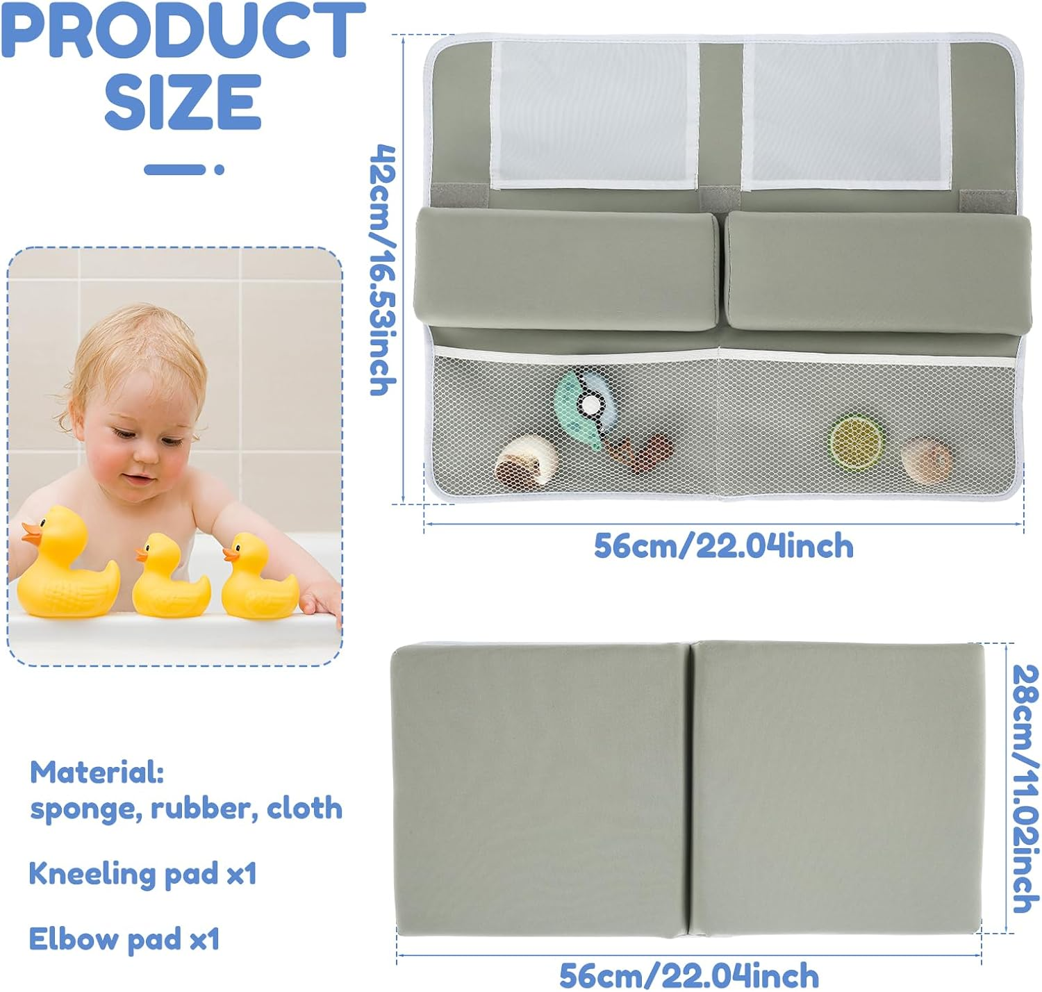 Bath Kneeler and Elbow Rest Pad Set, Comfortable Foam Thickest Bathtub Kneeler Pad with 4 Organizer Pockets, Anti-Slip Bath Tub Elbow Pad, Washable Baby Bath Cushion Bath Kneeling Pad for Bathroom