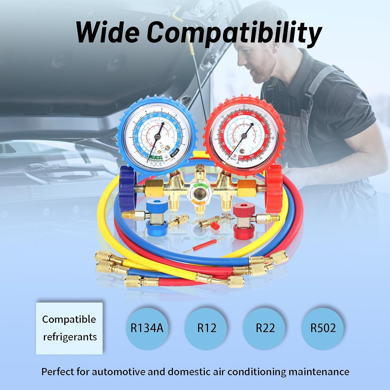 PB Motor Tech 3 Way AC Manifold Gauge Set for R134A, R12, R22 & R502 Refrigerants with Quick Couplers, 410 Adapter, Puncturing Can Tap & Valve Core Tool, HVAC Diagnostic Kit for Automotive & Household image number 3