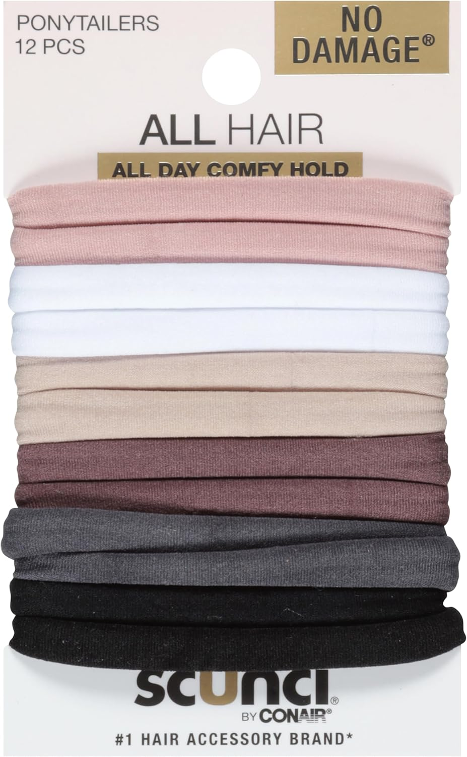 Scunci Everyday & Active Work Out Chill Out Super Stretch Comfy, 12 Count Elastics, Black, Plum Pink, Blue, White