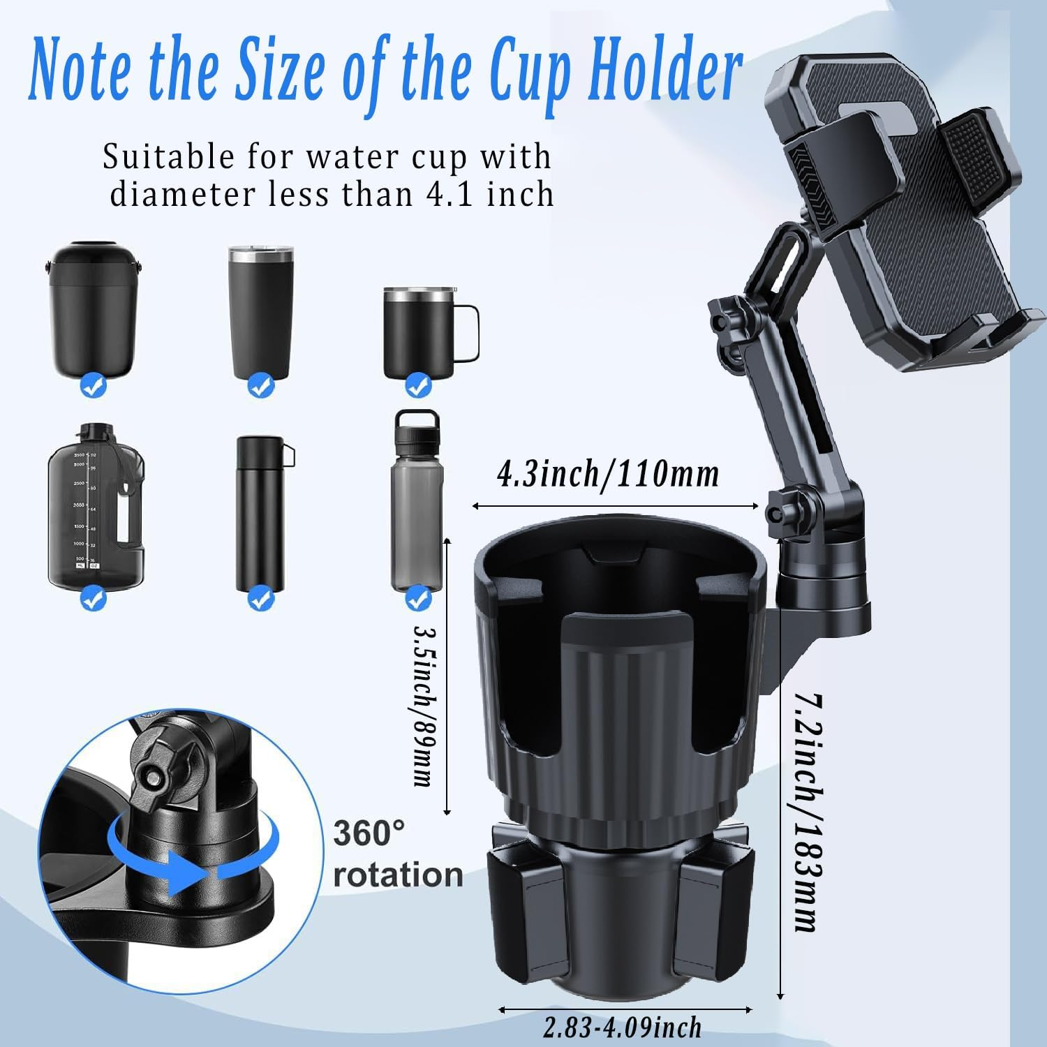 Honeteek Cup Phone Holder for Car, Cup Holder Expander with Phone Mount Adjustable Base, 360&deg; Rotation, Suvs, Trucks, Cupholder Mount for 16-40Oz Cup, Car Accessories image number 5