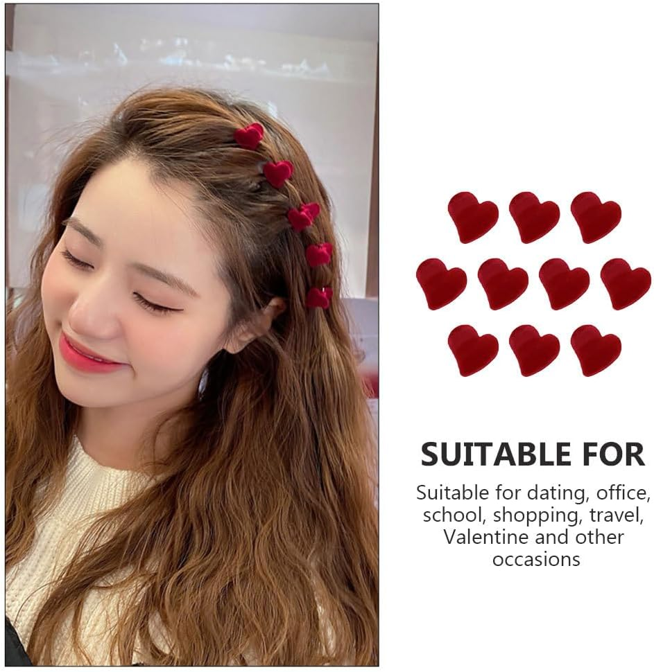 Beavorty Mini Red Heart Hair Clips 10 Pieces Small Flocking Hair Clips Hair Accessories for Women Ideal for Short Hair, Thick and Thin 2.0 X 1.5 X 1.5 Cm image number 2