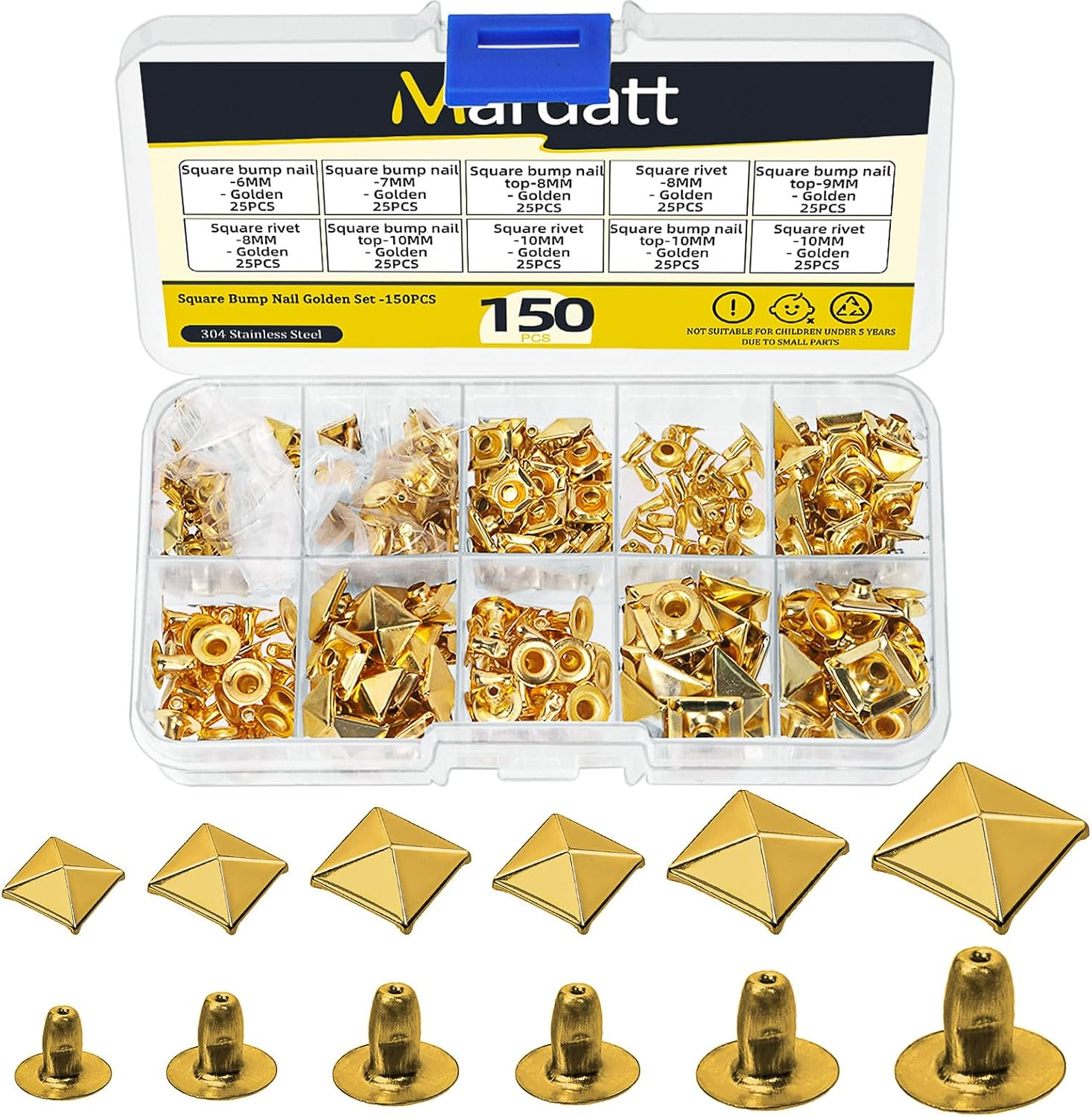 Mardatt 150Pcs 6 Sizes Gold Spike Rivet Pyramid Rapid Rivet Studs, 6Mm 7Mm 8Mm 9Mm 10Mm 12Mm Square Punk Spikes Pyramid Rapid Rivet Studs Nail Heads for DIY Leather Craft Decoration(Gold）