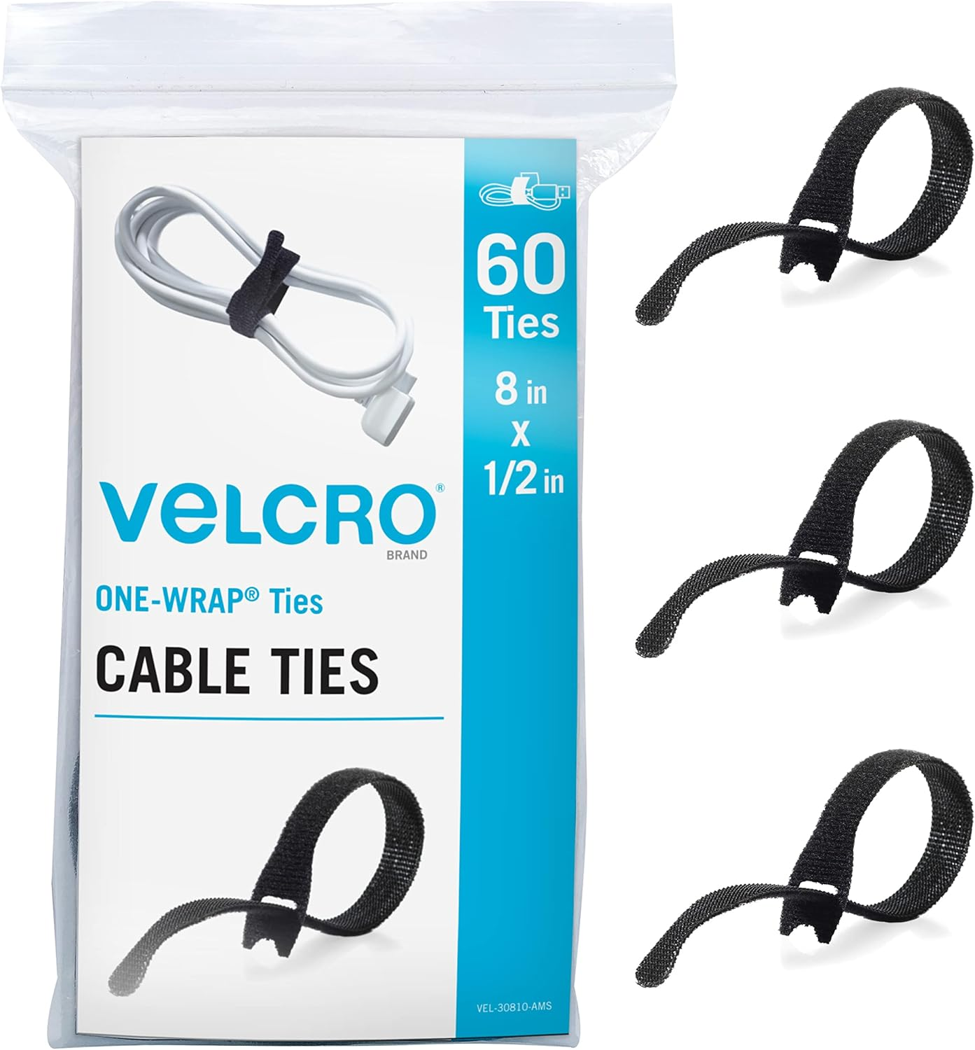VELCRO Brand Heavy Duty Cable Ties Reusable | 60Pc Bulk Pack | 8 X 1/2" ONE-WRAP Straps, Black | Strong Wire Management | Cord Bundling for Home Office and Data Centers