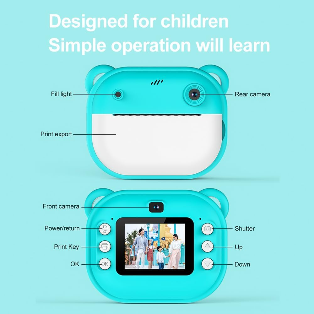 Namolit Kids Instant Print Camera 1080P Digital Camera with Dual Lens, 2 Inch Screen, Built-In Battery, Picture Frames, Thermal Printing Paper, Blue - Green image number 5