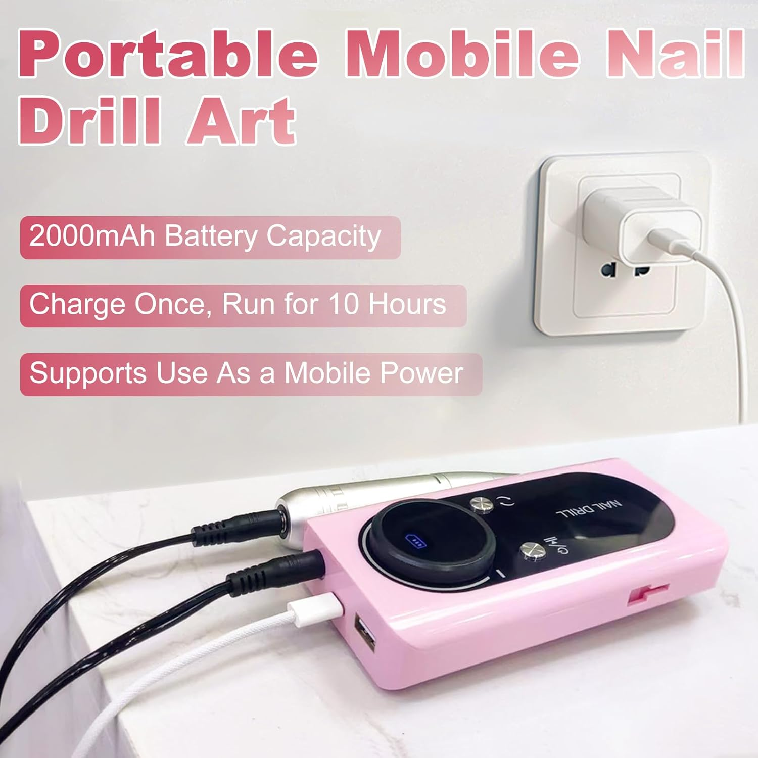 Oolong Nail Drill Machine 45000 RPM Rechargeable Electric Nail File E File 2000Mah Professional Acrylic Electric Nail Drill for Manicure Salon Home Acrylic Nails, Polishing, Manicure Pedicure Nail Tools,Pink image number 3