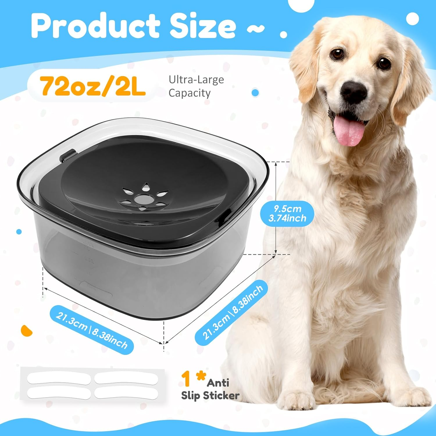 No Spill Dog Water Bowl 2L Pet Slow Water Bowl Transparent Slow Drinking Water Bowl Spill Proof Dog Bowl with Water Level Mark Portable Pet Bowl for Dogs Cats (Transparent Black) image number 4