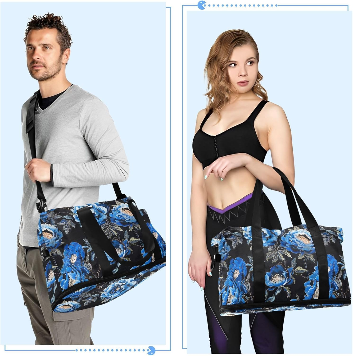 Black with Blue Peony Embroidery Personal Item Travel Bags Travel Weekender Gear Bag Tote Bag with Toiletry Bag for Airplane Traveling Foldable, Black with Blue Peony Embroidery, 1 Size image number 4