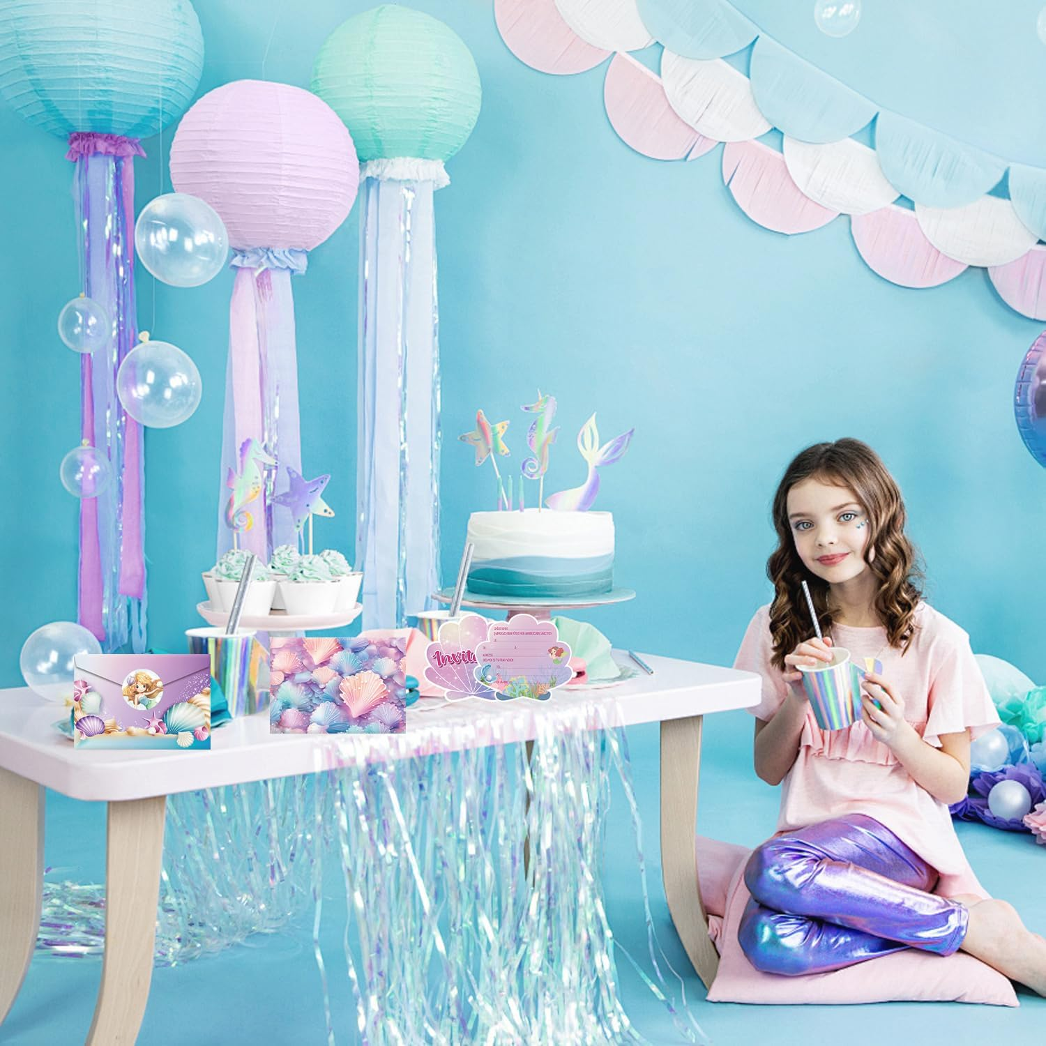 12 Sets Birthday Invitations Girl with Envelopes, Funcyboo Mermaid Party Invitations with Stickers Shell Mermaid Invitation Kit for Girls Party Supplies Kids Birthday Baby Shower Party image number 3