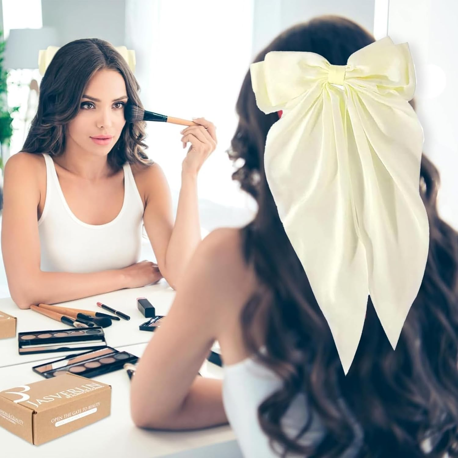 Hair Bow Clips, Hair Clips with Large Bow, Plain Hair Pin with Bow, Hair Clips Accessories for Girls Women, (2 Pieces, Black, Milky White) image number 5