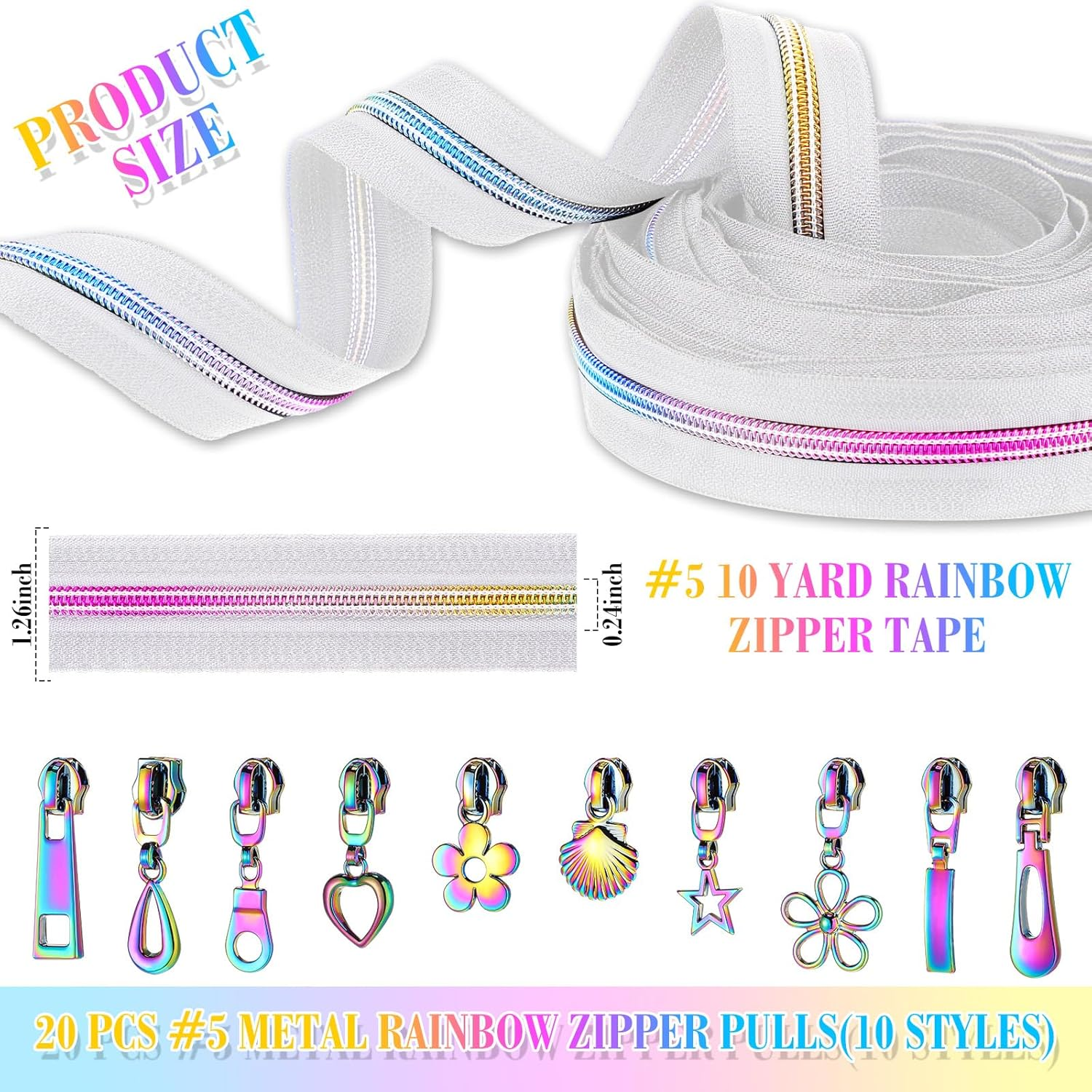 Zeyune #5 Rainbow Zipper Tape by the Yard 10 Yards Rainbow Teeth Nylon Zipper with 20 Pcs Colorful Metal Slider Pulls (10 Styles) for DIY Sewing Tailor Crafts (White) image number 5