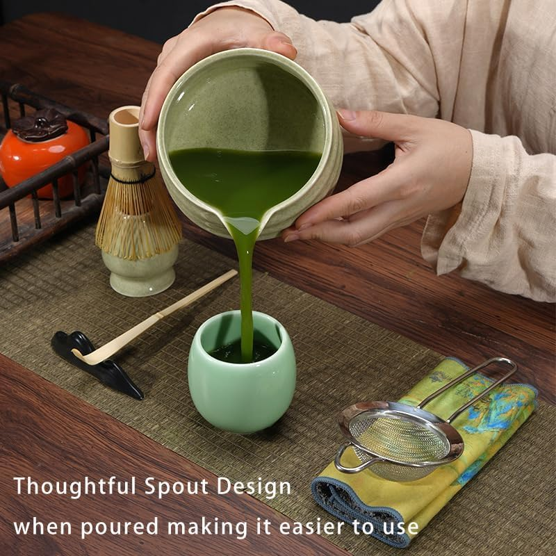 Matcha Set, 6Pcs Matcha Kit Set Includes Bowl with Spout and Bamboo Whisk, Bamboo Scoop, Spoon and Stainless Sifter, Gradient Green Japanese Tea Making Tools image number 5