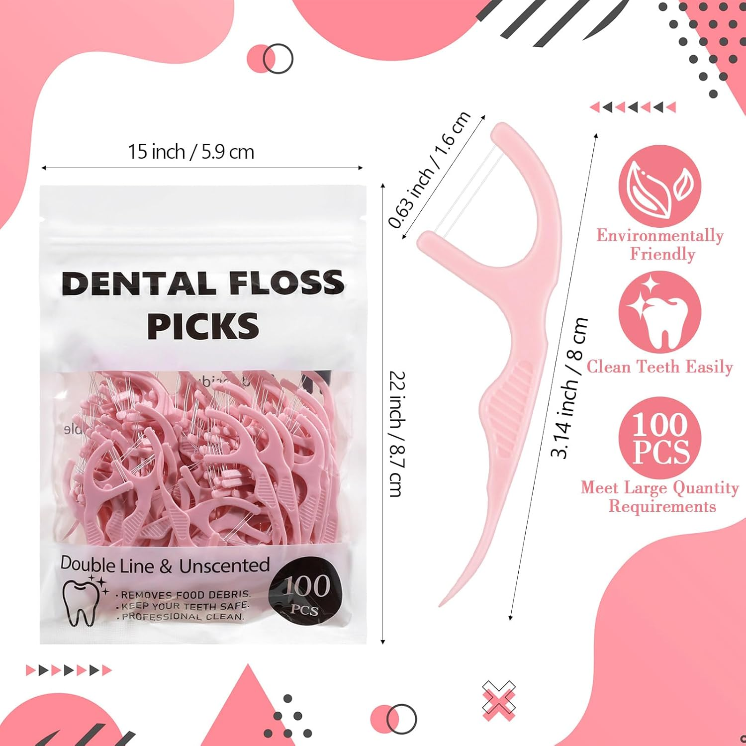 Baderke 100 Count Dual Line Floss Picks Dental Floss Sticks Bulk Non Breakable Toothpicks Double String Tooth Picks Flossers for Adults Teeth Cleaning Family Travel(Pink) - Black image number 3